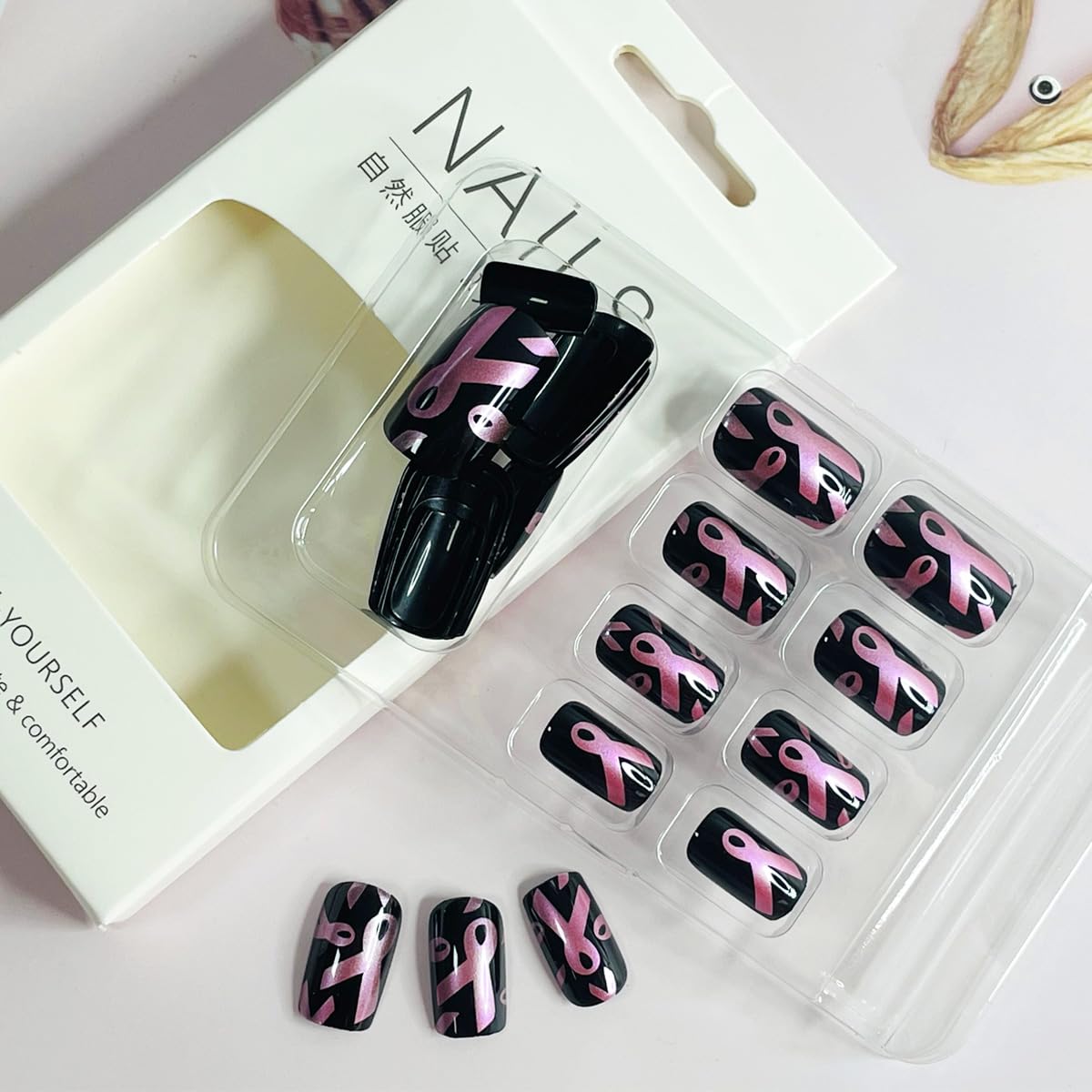 24Pcs Breast Cancer Awareness Press on Nails - Short Square Fake Nails with Pink Ribbon Designs, Full Cover Artificial Coffin False Nails for Women & Girls (Acrylic Nail Decorations) - Perfect for October Awareness Month, Fundraisers, and Supportive Nail Art