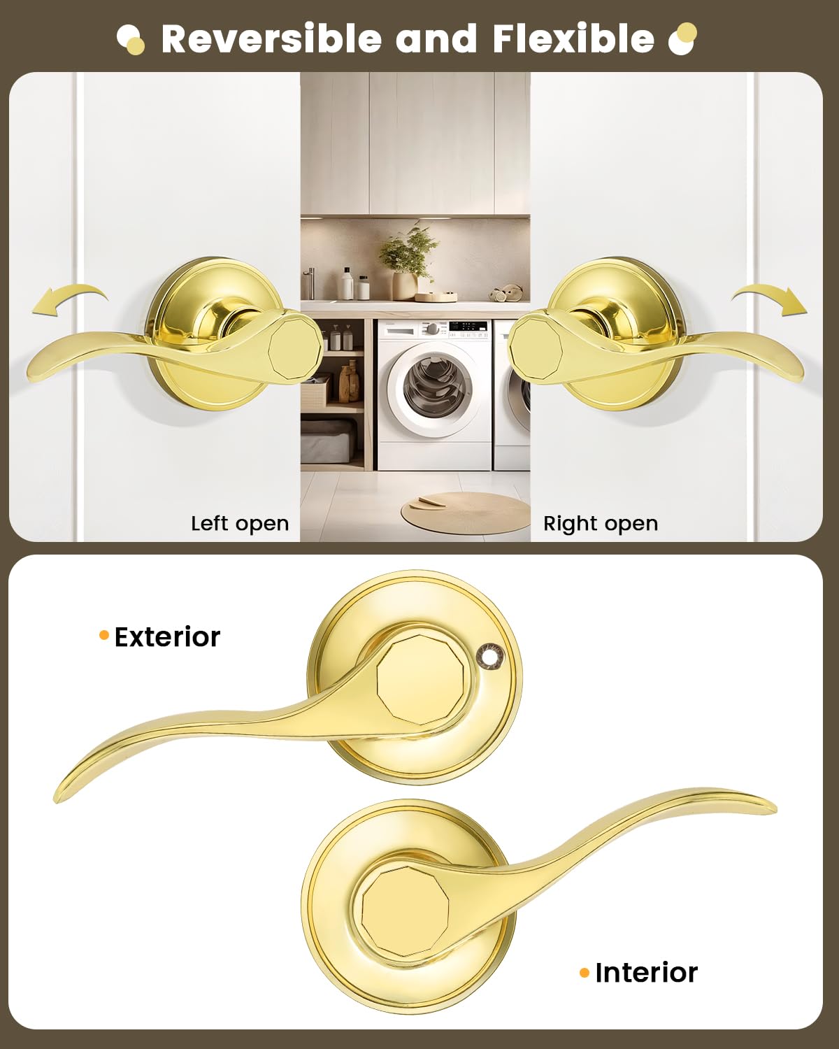 8 Pack Polished Brass Passage Door Levers - Non-Locking Interior Door Handlesets for Closet & Hallway (Right/Left Handing) - Perfect for Bedroom, Bathroom & Office Doors
