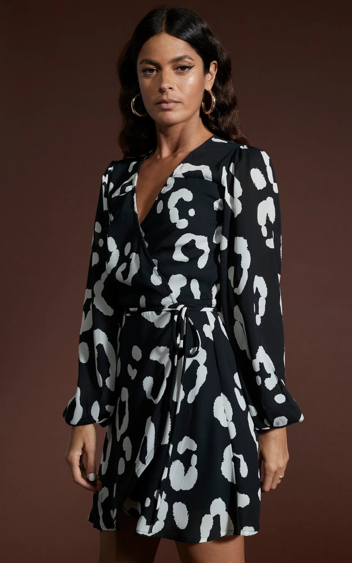 Ginger Mini Wrap Dress - Monochrome Floral Print Women's Summer Dress for Casual Outings & Beach Vacations
