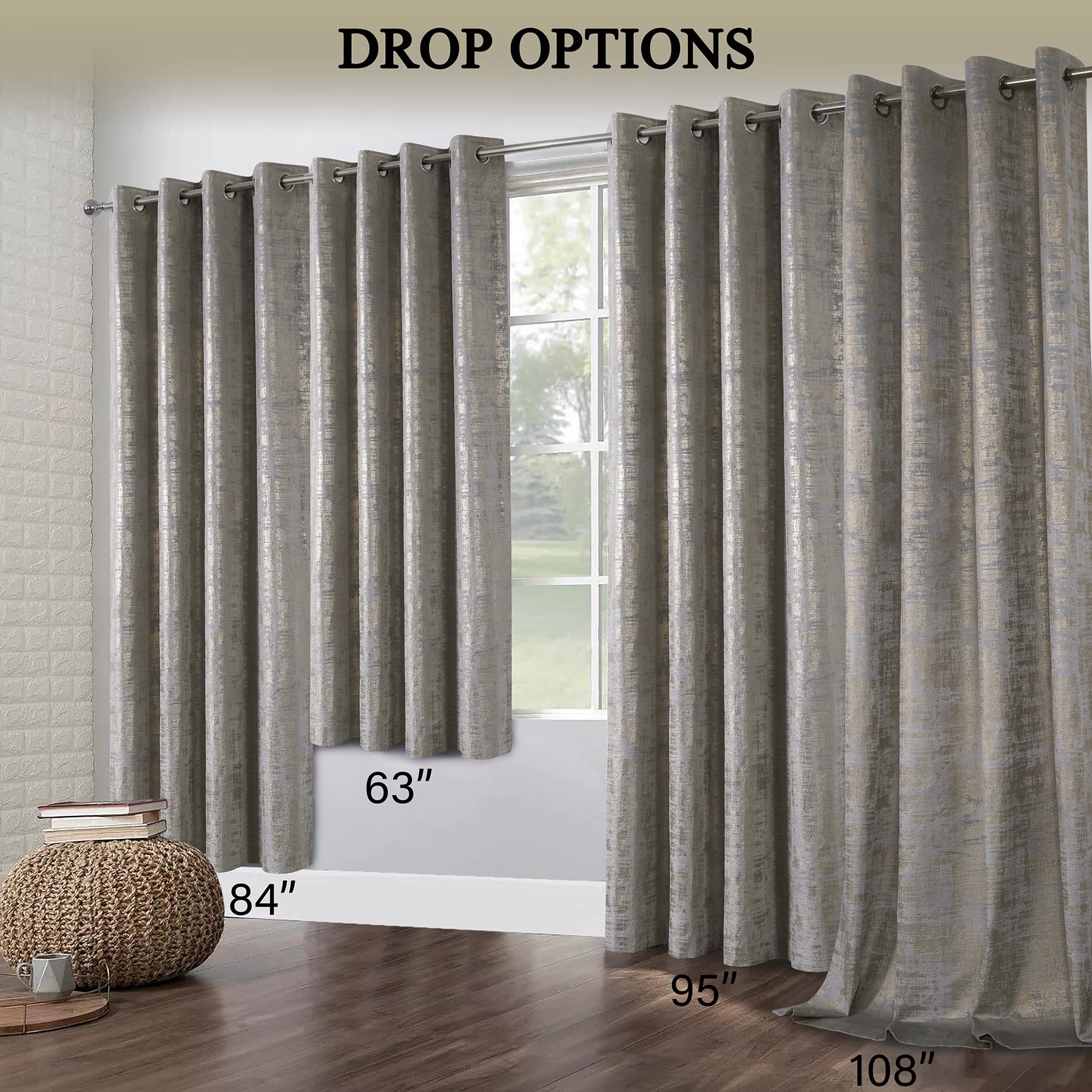 Always4U Soft Velvet Curtains 95 Inch Length - Luxury Blackout Curtains with Gold Foil Print for Bedroom & Living Room - Thermal Insulated Window Treatments (Set of 2, Silver) - Perfect for Home Decor, Light Blocking & Noise Reduction