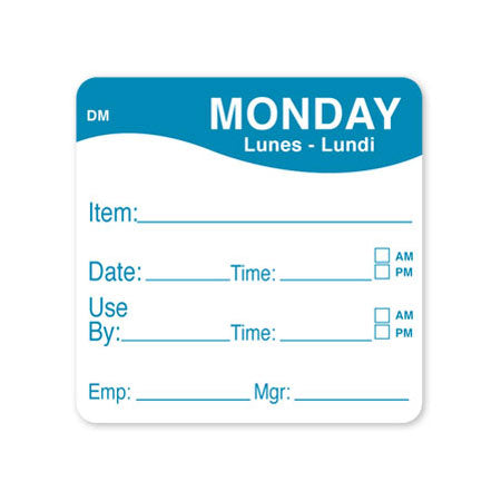 DayMark 1100531 Monday Dissolve Labels, 2 x 2 Inches, Roll of 250 - Perfect for Food Safety, Kitchen Organization & Commercial Use