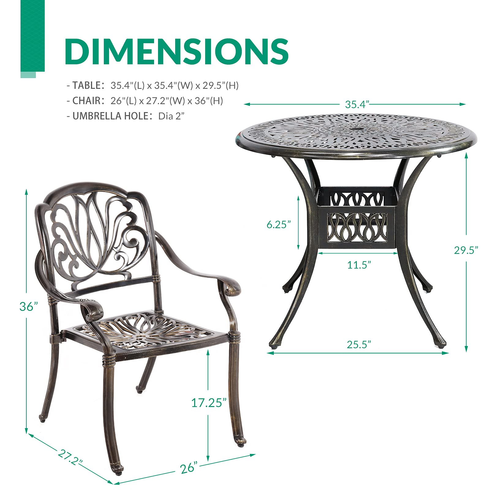 VIVIJASON 3-Piece Outdoor Patio Bistro Set - All-Weather Cast Aluminum Dining Table & Chairs with 35.4