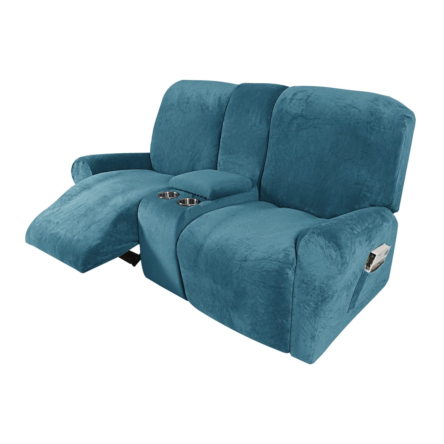 QYOO 8-Piece Velvet Stretch Slipcover for Reclining Loveseat with Middle Console - Washable Sofa Cover for 2-Seater (Peacock Blue) - Perfect for Living Room, Home Theater & Family Room Furniture Protection