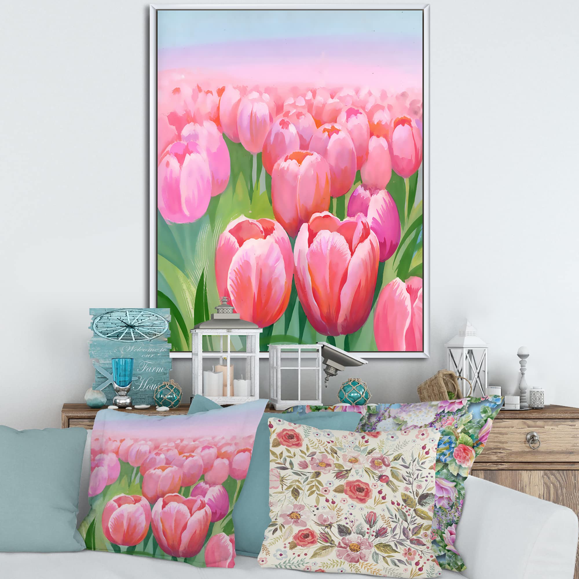 Field of Pink Tulips Framed Canvas Wall Art - Traditional Floral Painting for Living Room, Bedroom & Office Decor