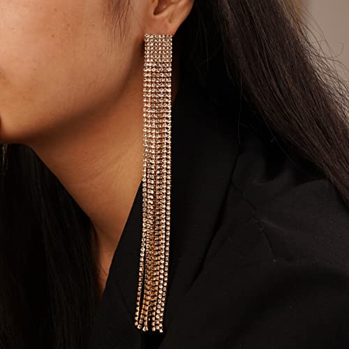 Chargances Gold Long Sparkly Rhinestone Tassel Earrings for Women - Elegant Statement Drop Dangle Hoop Earrings with Chain Design, Perfect Gift for Girls, Party, Festival & Special Occasions | Wedding, Prom, Date Night Jewelry