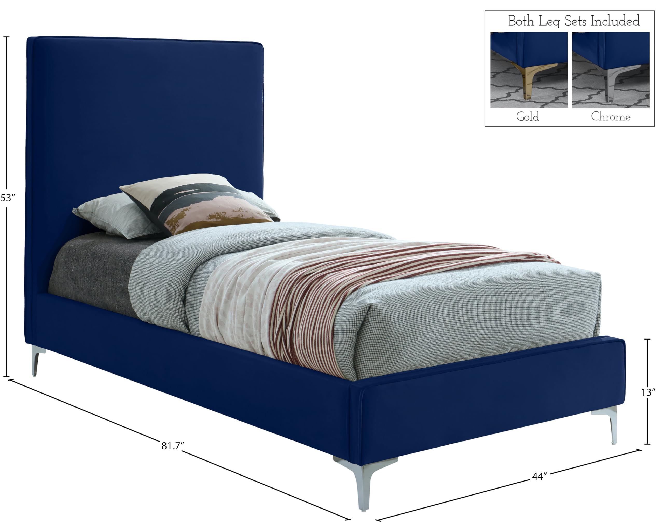 Modern Velvet Upholstered Twin Bed with Gold/Chrome Finish - Navy Blue Geri Collection by Meridian Furniture | Luxury Bedroom Decor for Contemporary Homes & Guest Rooms