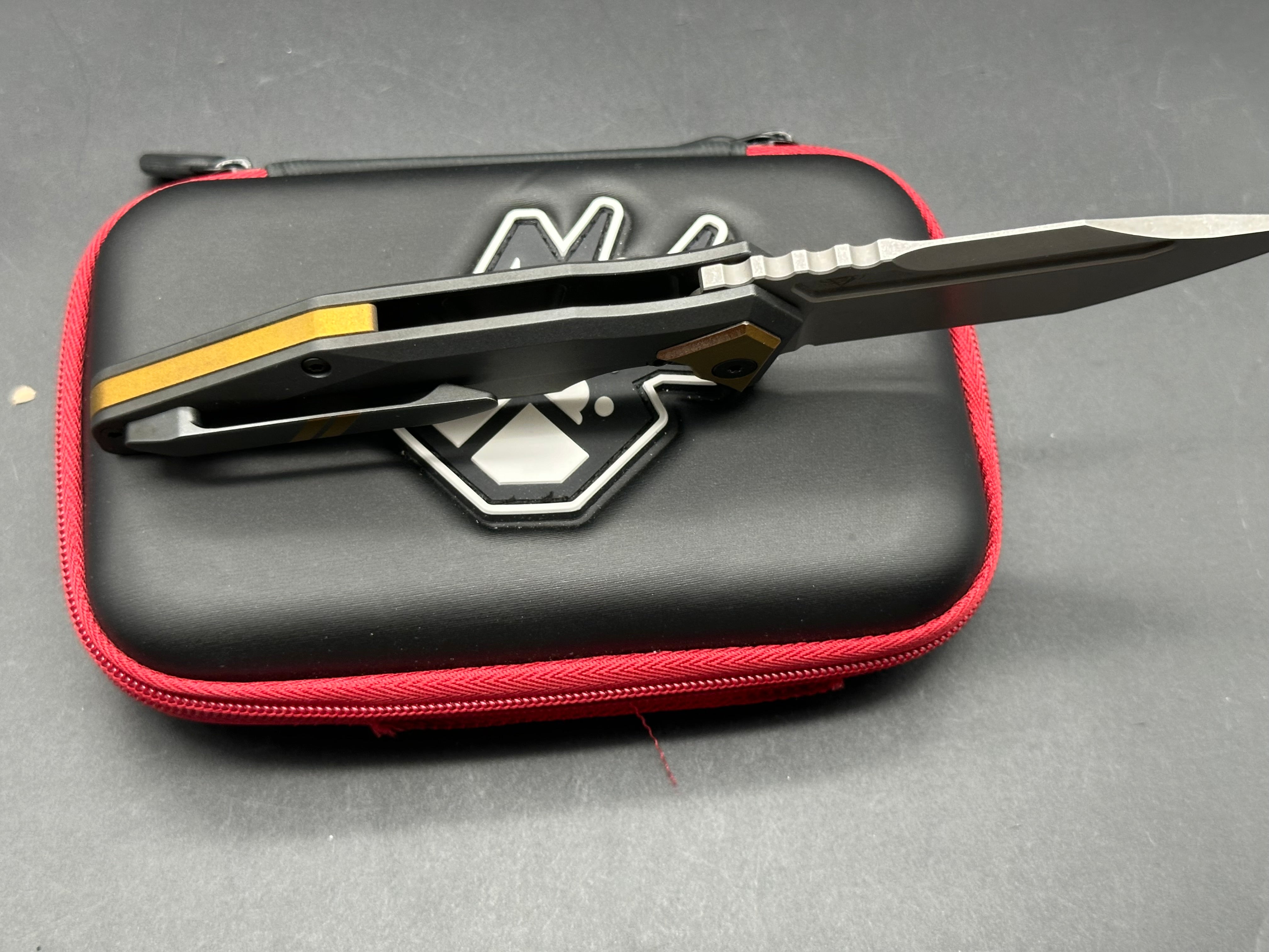 Arcane Design The Abyss Custom Titanium Knife - Charcoal Grey Ti Frame with Bronze Anodized Bolster, Backspacer & Clip, Bohler M390 Bowie Blade (Stonewash Finish) - Perfect for EDC, Outdoor Adventures & Collectors