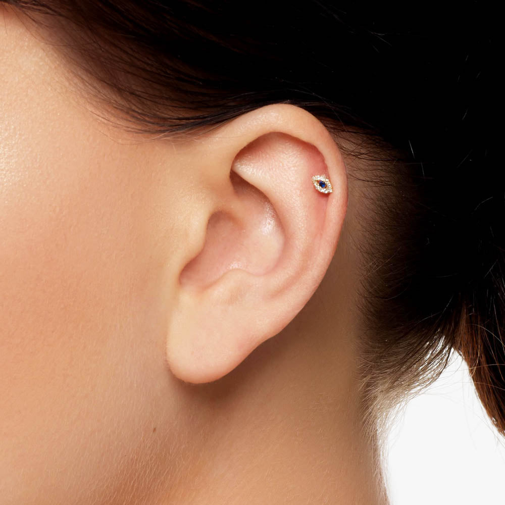 10k Gold Diamond Evil Eye Helix Single Stud Earring - Stylish Protection Jewelry for Everyday Wear & Special Occasions