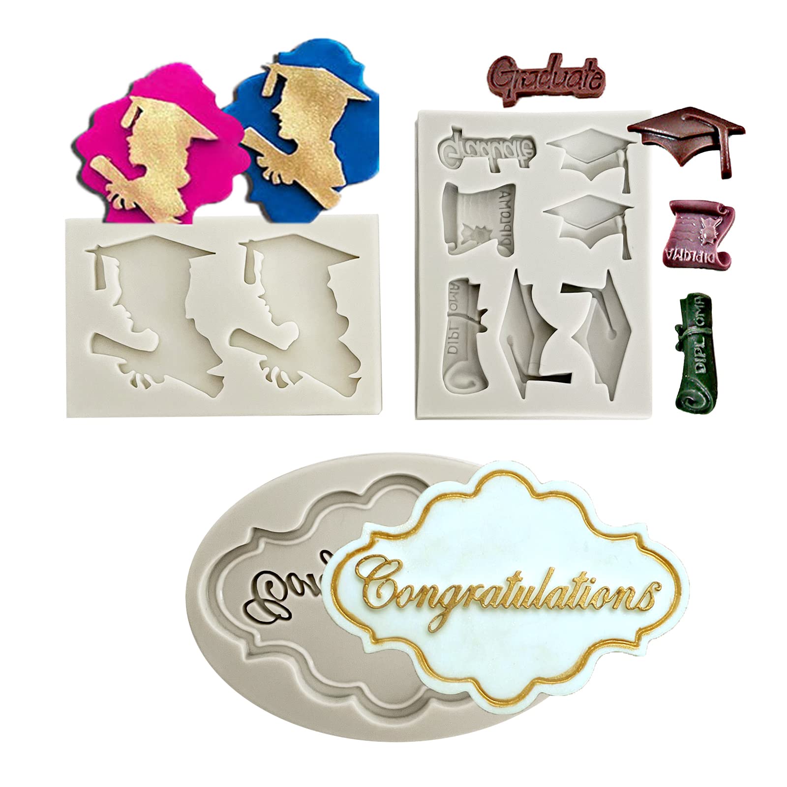 3-Piece Graduation Candy Mold Set - Grad Cap, Diploma & Doctoral Cap Chocolate Molds for Cake Decorating | Perfect for Graduation Parties, Cupcake Toppers & Candy Making (Congrats Grad Theme)
