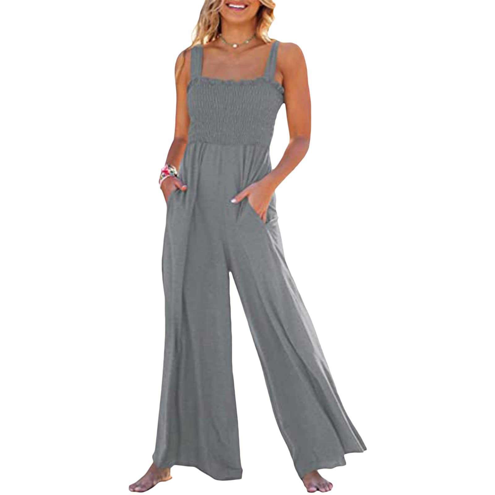 Women's Summer Wide Leg Jumpsuit - Smocked High Waist Casual Romper with Loose Fit for Beach, Vacation & Outdoor Activities