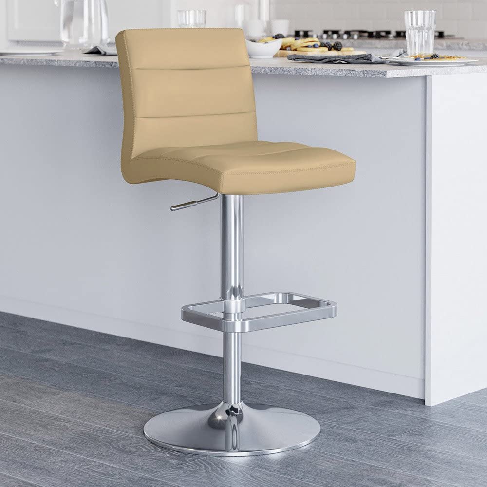 Adjustable Height Swivel Bar Stool with Chrome Base - Taupe Lush Fabric Upholstery for Kitchen Island, Breakfast Nook & Home Bar - Zuri Furniture Modern Armless Stool