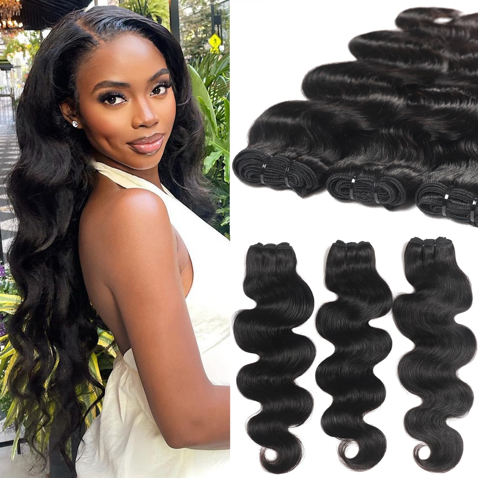 12A 100% Real Human Hair Bundles 20 22 24 Inch - 3 Pcs Body Wave Hair Extensions for Weaving - Natural Black Wavy Weft Hair for Styling & Volume - Perfect for Daily Wear, Parties & Special Occasions