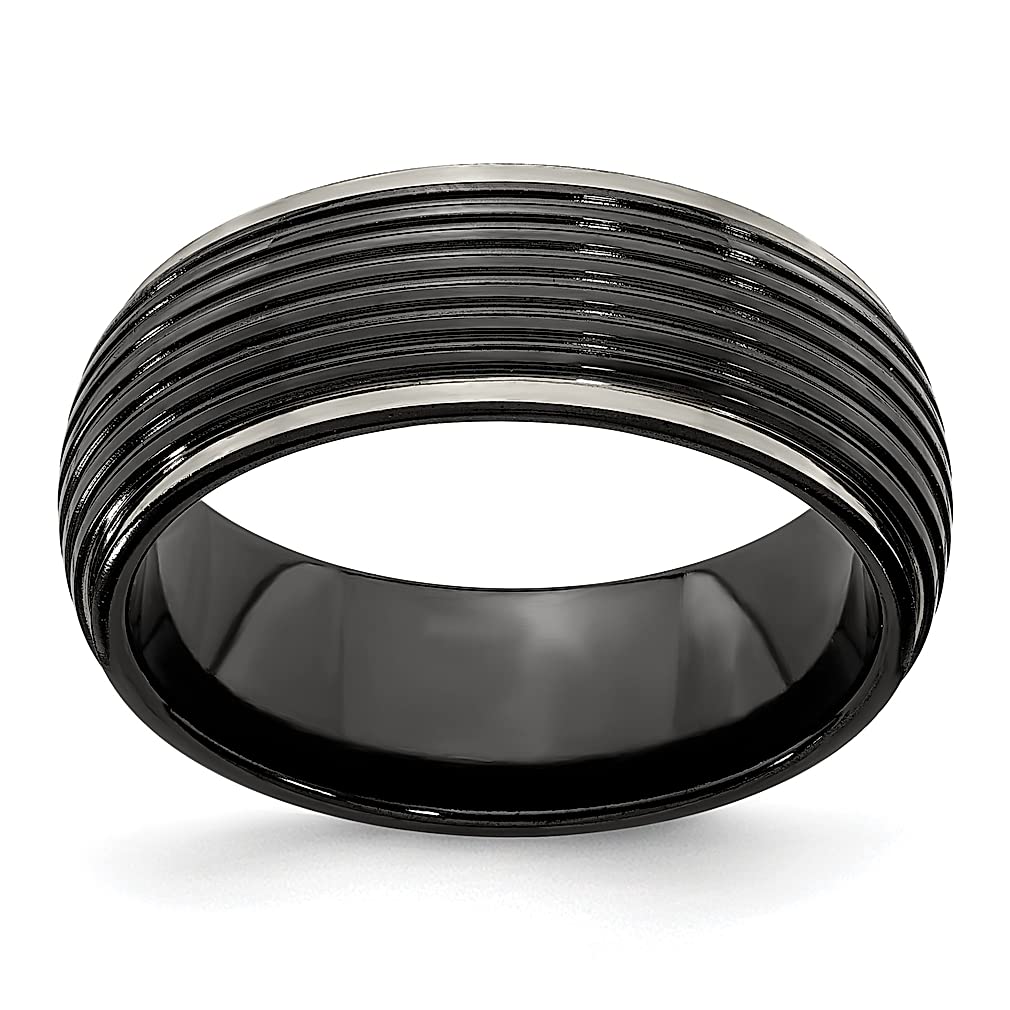 Edward Mirell Titanium Black Grooved Step Edge 8mm Wedding Band for Men - Classic Fashion Jewelry Ring for Grooms, Dads & Him - Perfect for Weddings, Anniversaries & Gifts