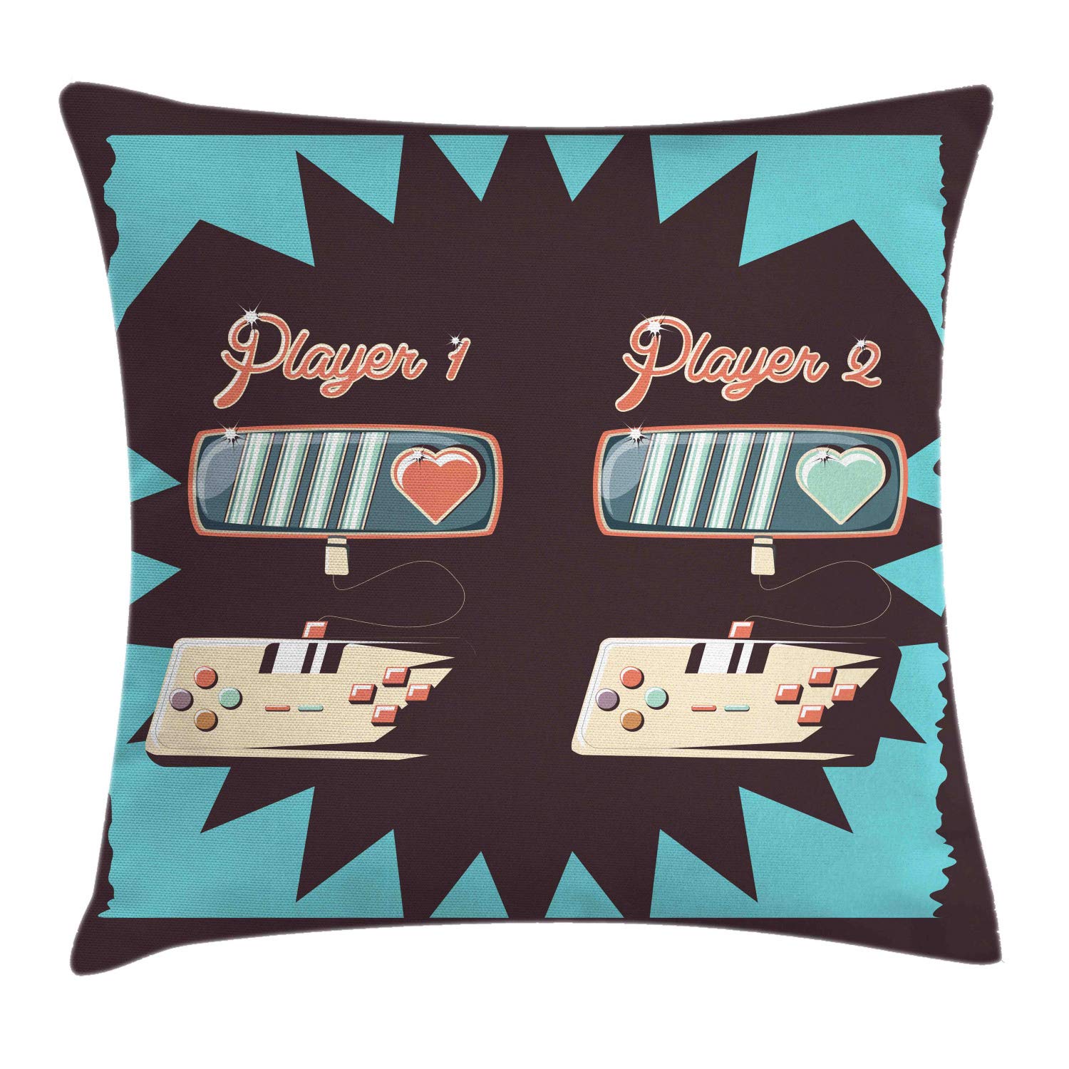 Ambesonne Gaming Throw Pillow Cover 16x16 Inch - Retro Gameboy Design with Multiple Players for Nostalgic Childhood Memories - Decorative Square Accent Pillow Case in Seafoam & Burnt Sienna - Perfect for Gamers Room, Living Room Decor and Gift Ideas