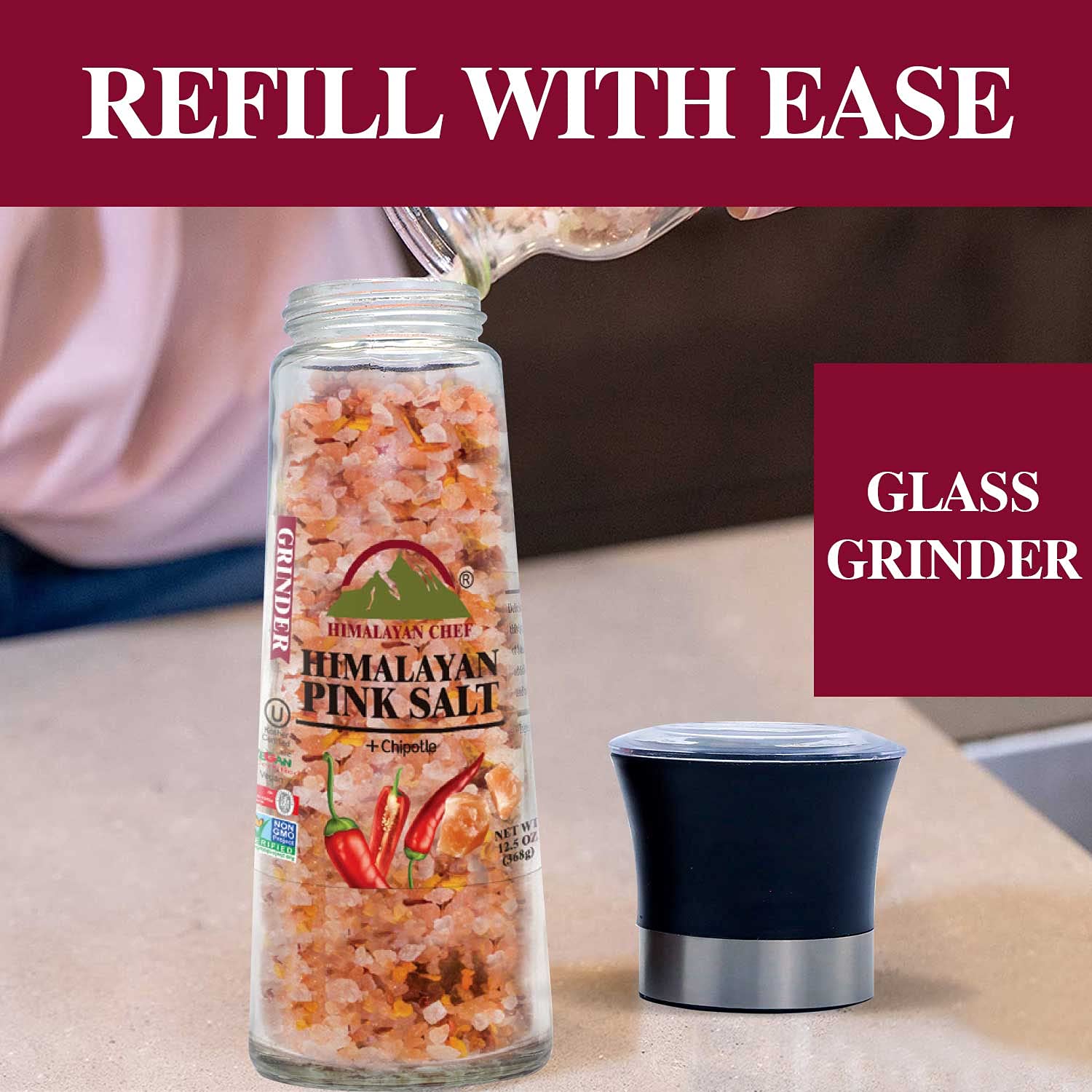 Himalayan Pink Salt with Chipotle - 10.58 Oz, Tall Glass Grinder - Pure & Natural Gourmet Seasoning for Cooking, Grilling & Food Presentation - Perfect for Steaks, Salads & Home Kitchen Use