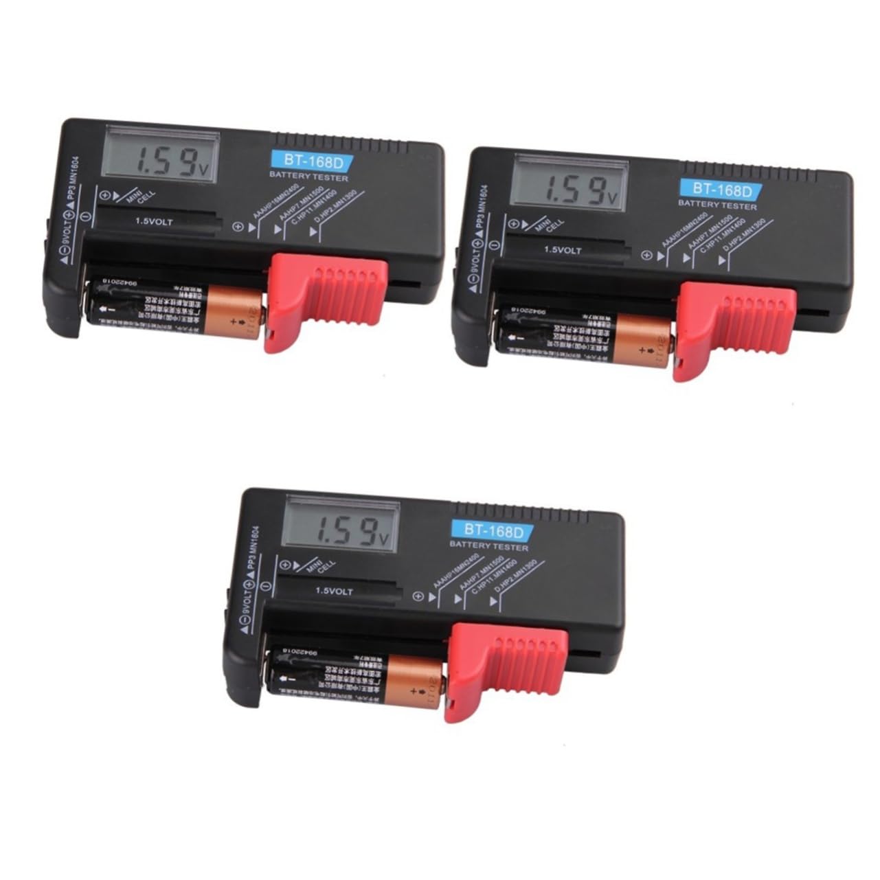 BRIGHTFUFU 3-Pack LCD Digital Battery Tester BT-168D - Universal AA AAA 9V Battery Voltage Checker (1.5V/9V) - Black - Perfect for Home, Office & Emergency Kits