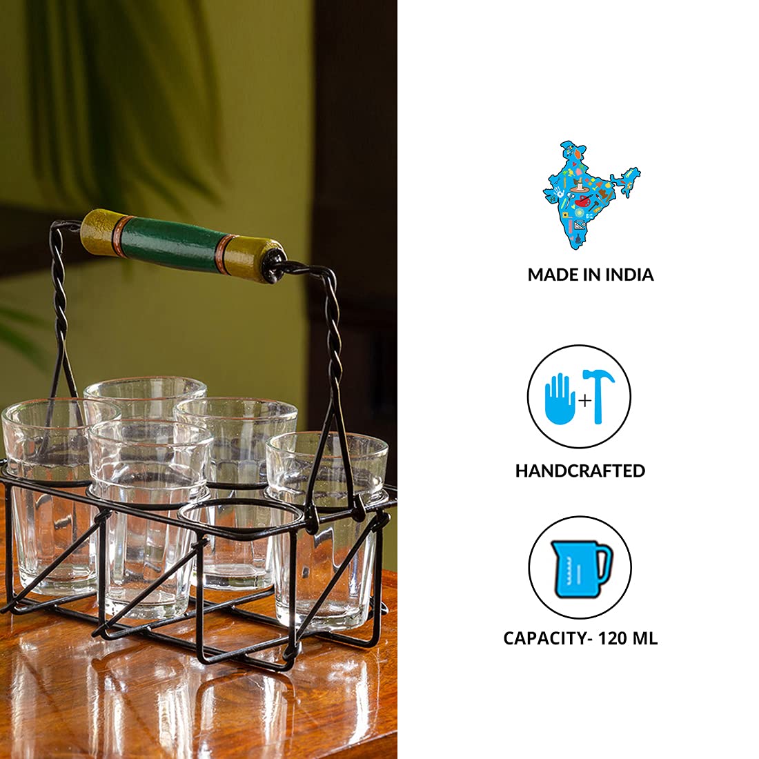 ExclusiveLane 'The Railway Nostalgia' Handpainted Tea Glasses with Iron Stand - Set of 6 (120ml) - Indian Style Cutting Chai Cups for Home, Office & Traditional Tea Ceremonies - Perfect for Chai Lovers & Gift Giving