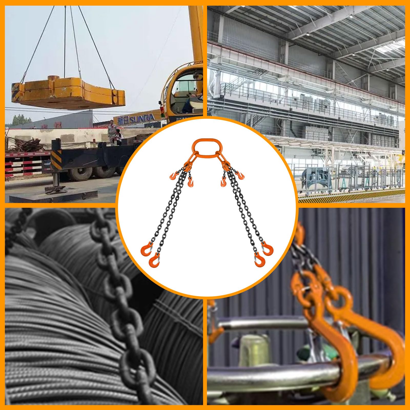 10Ft 4-Way 5/16 Inch 11000lbs Heavy Duty Lift Chain Sling with Hooks - 5 Ton Capacity for Construction, Towing & Industrial Material Handling