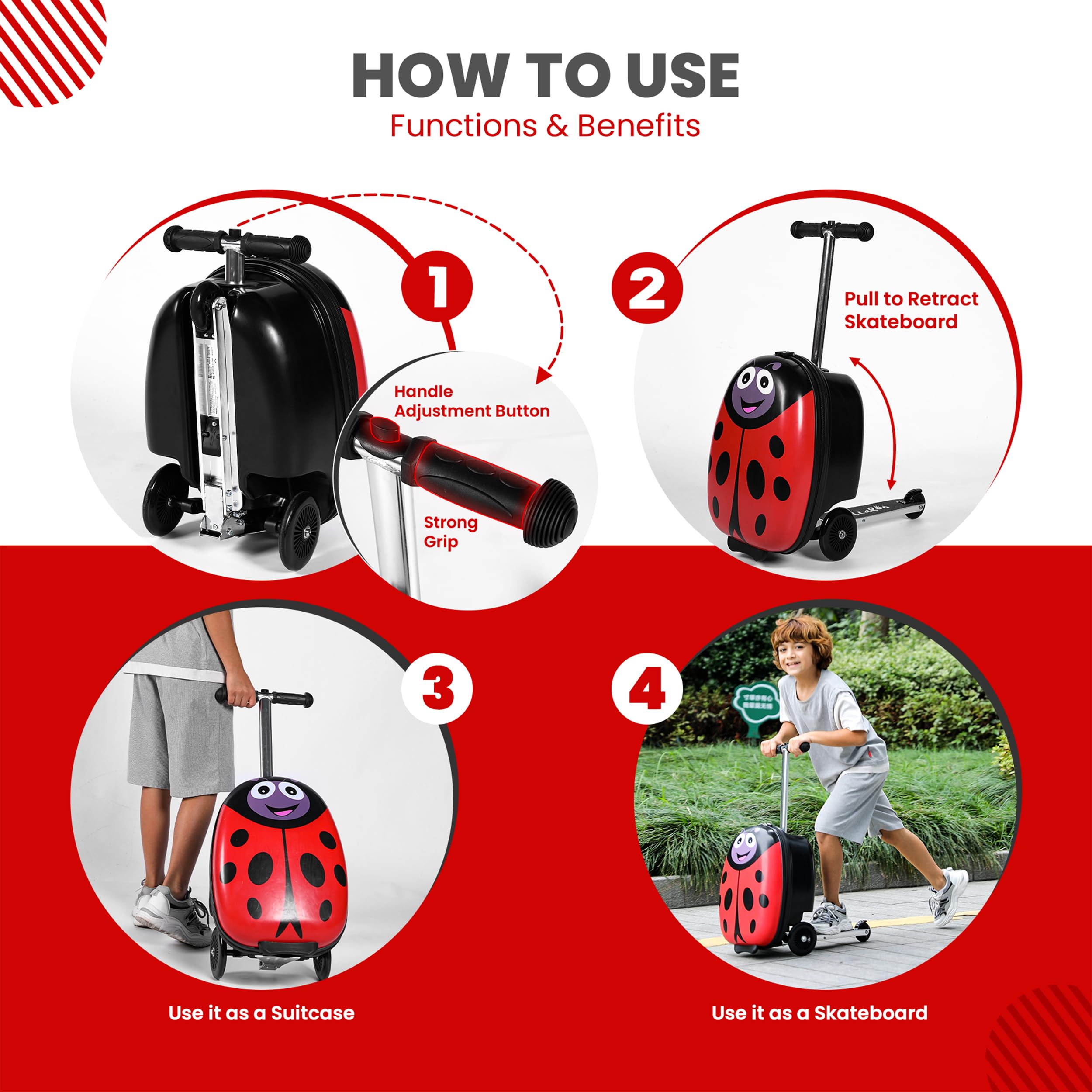 Ladybug Kids Scooter Suitcase - Foldable Ride-On Luggage with Wheels for Travel | Multifunctional Children's Carry-On with Strong Grip, Easy Locks & Smooth Zippers | 110LB Capacity | Perfect for Airports, Family Trips & School Commutes