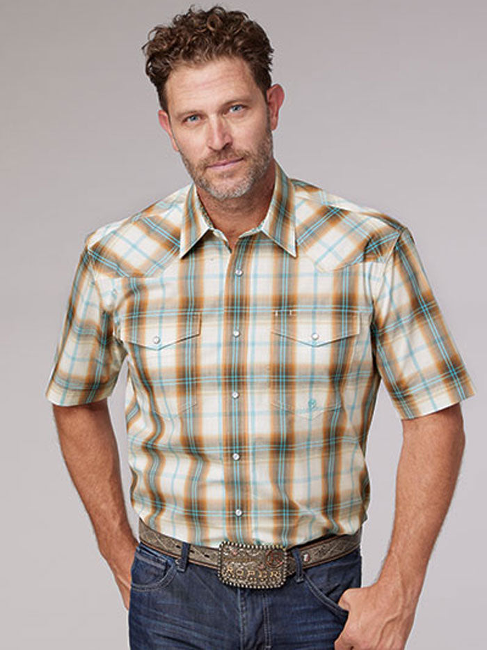 Roper Men's Short Sleeve Western Plaid Shirt - Orange Checkered Casual Button Up Shirt for Cowboy, Ranch Work & Outdoor Activities