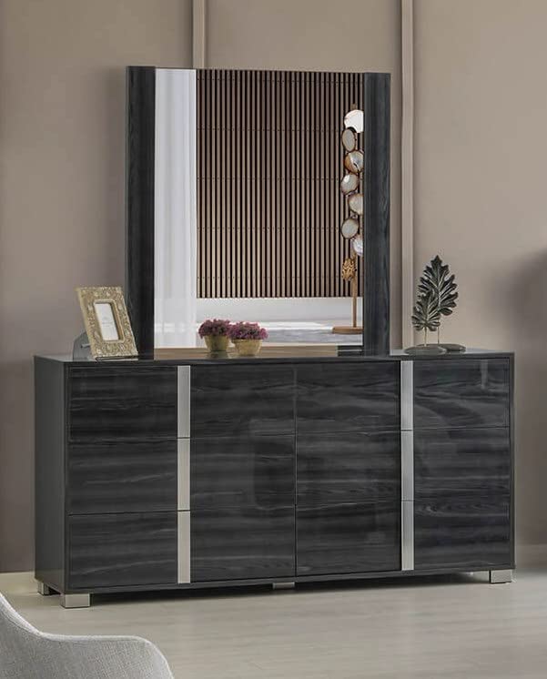 Roma Glossy Dresser with Mirror - Modern Tiger Gray Finish | Stylish Bedroom Furniture for Home Organization & Decor