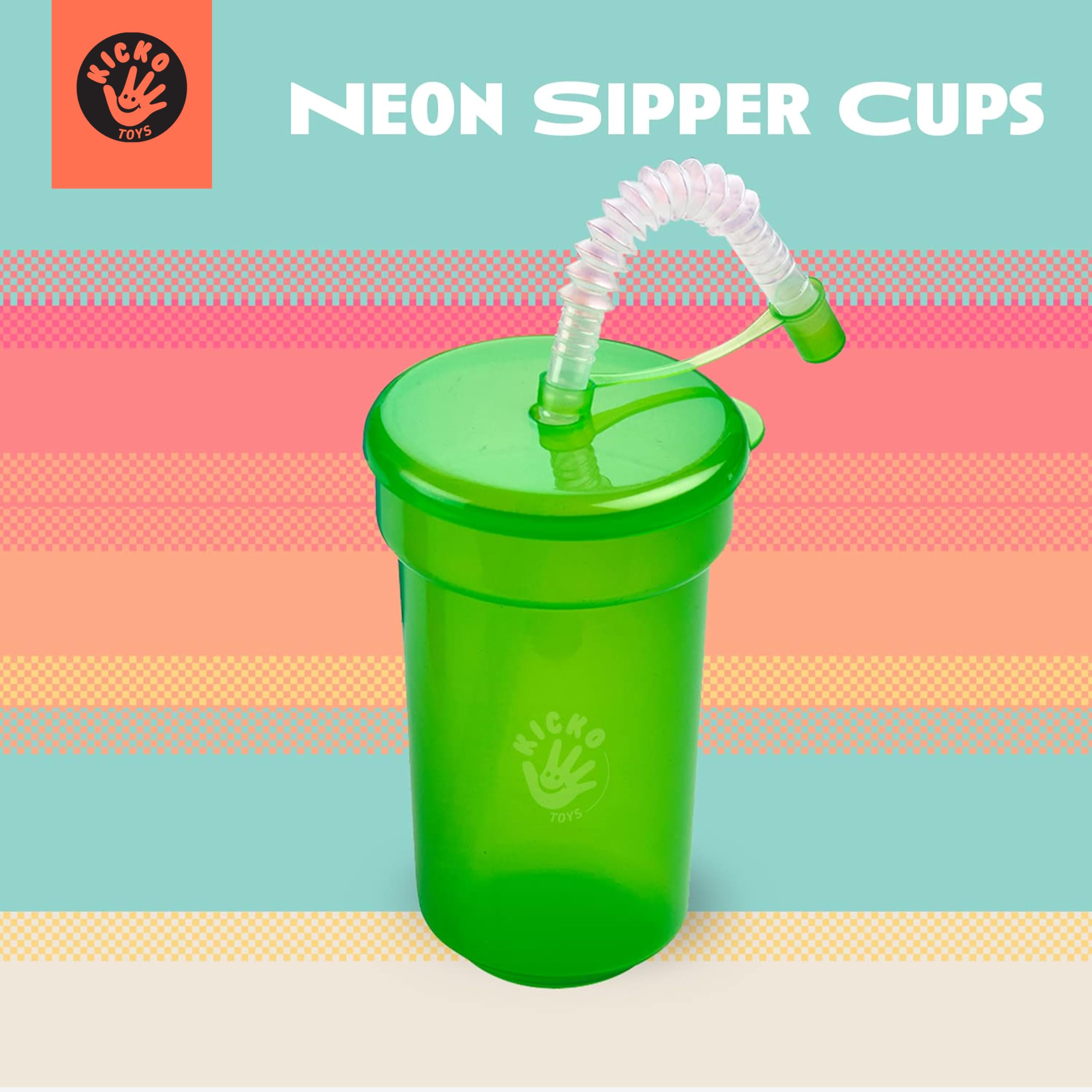 Kicko Neon Sipper Cups - 12 Pack, 5.5 Inch 12 Oz Colorful Plastic Cups with Lids & Straws for Kids - Perfect for Birthday Parties, School Events, Poolside Drinks, and Summer Celebrations