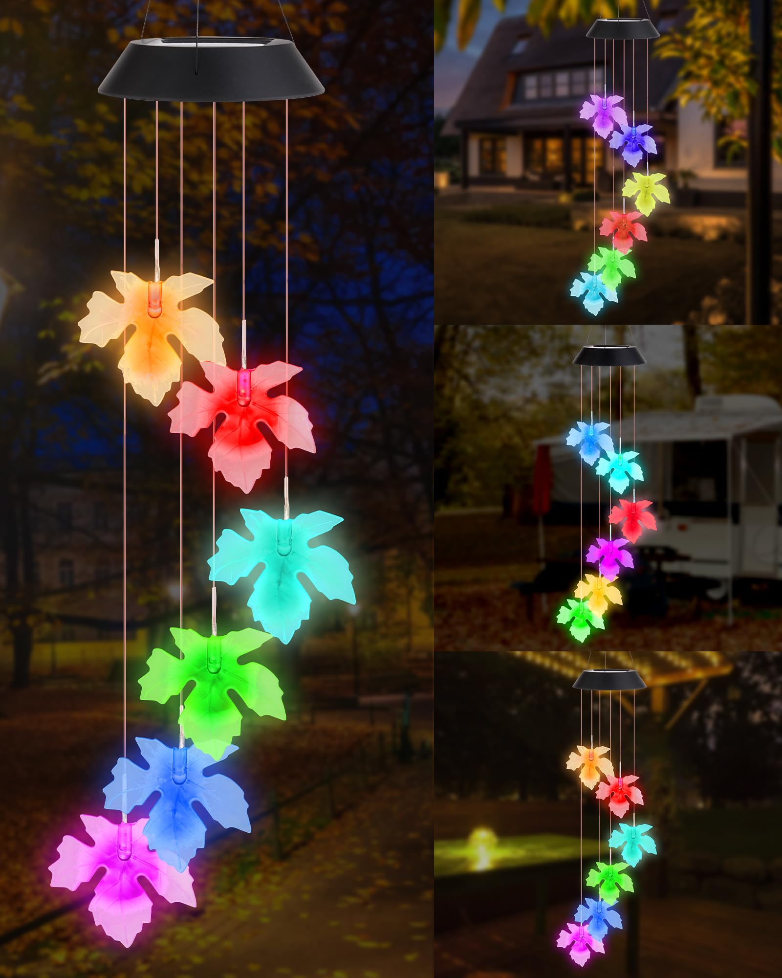 DOUBLEZHE Solar Powered Color Changing Maple Leaf Wind Chimes - Outdoor Waterproof LED Wind Chime Decor for Garden, Patio, Yard - Perfect Birthday Gift for Women, Mom, Grandma - Creates Magical Ambiance for Evening Parties & Relaxing Outdoor Spaces