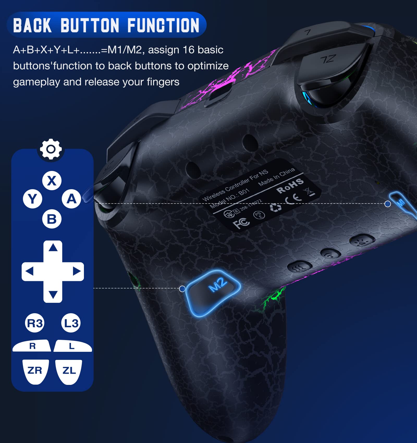 Wireless Switch Pro Controller for Switch/Lite/OLED - 9 Color LED, PC/Android/iOS Compatible for Gaming & Streaming