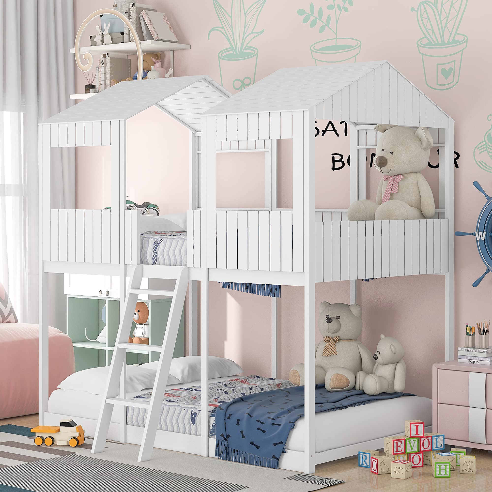 Full Over Full Wood Bunk Bed with Roof & Window - Kids House-Shaped Bed with Guardrail & Ladder for Girls & Boys (White) | Perfect for Small Bedrooms, Sleepovers & Playtime