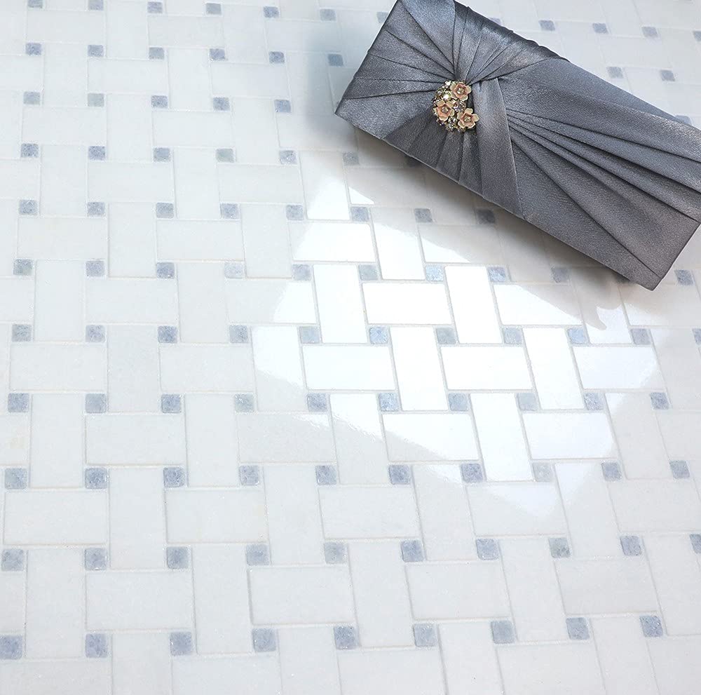 Thassos White Marble Basketweave Mosaic Tile with Light Blue Dots - 10 Sqft Box for Floor, Wall, Kitchen Backsplash, Bathroom & Shower - Perfect for Modern Home Decor and Spa-Inspired Spaces