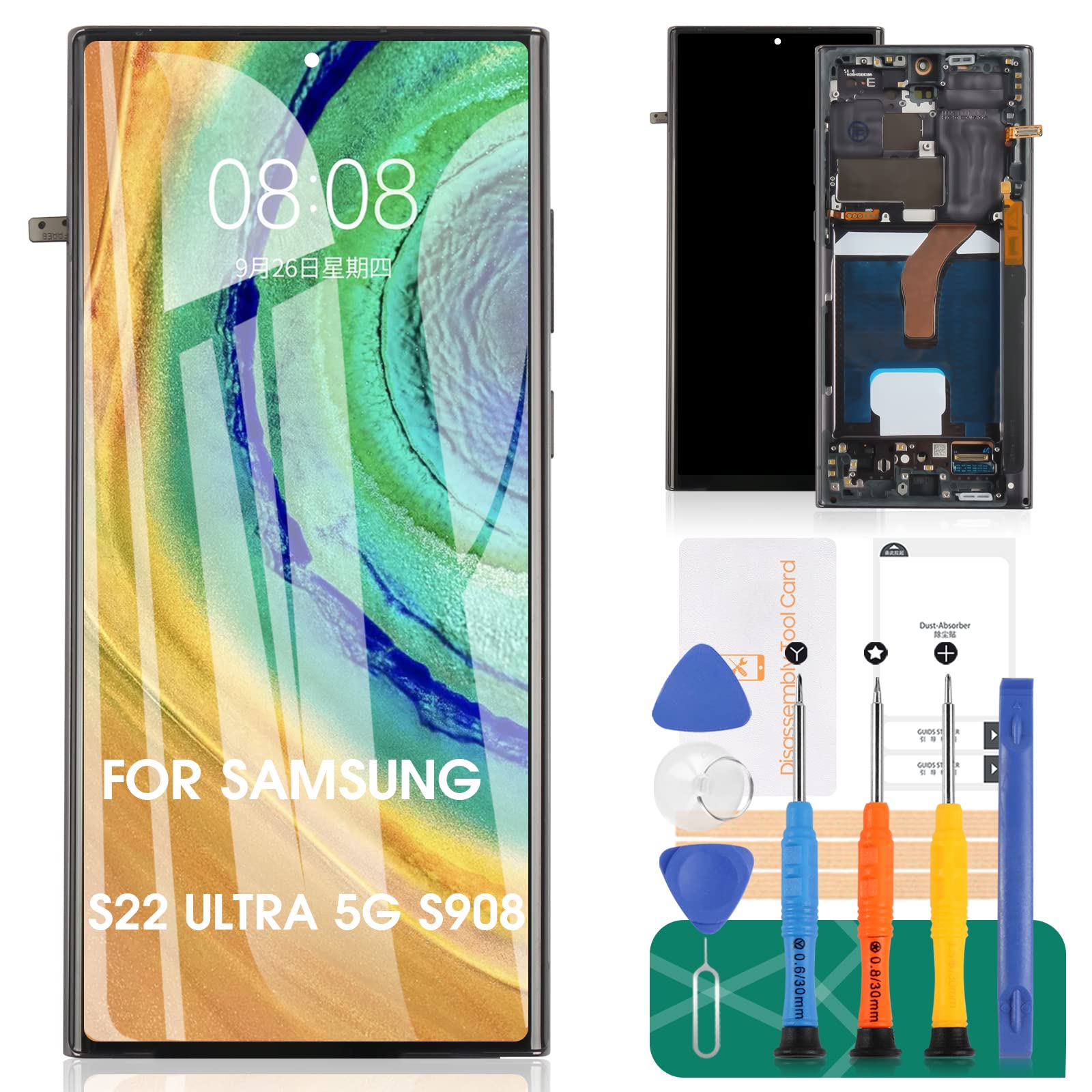 Samsung Galaxy S22 Ultra 5G OLED Screen Replacement - SM-S908/S908B LCD Display & Digitizer Touch Screen Assembly with Frame (Fingerprint Compatible) - Perfect for DIY Phone Repair & Cracked Screen Replacement