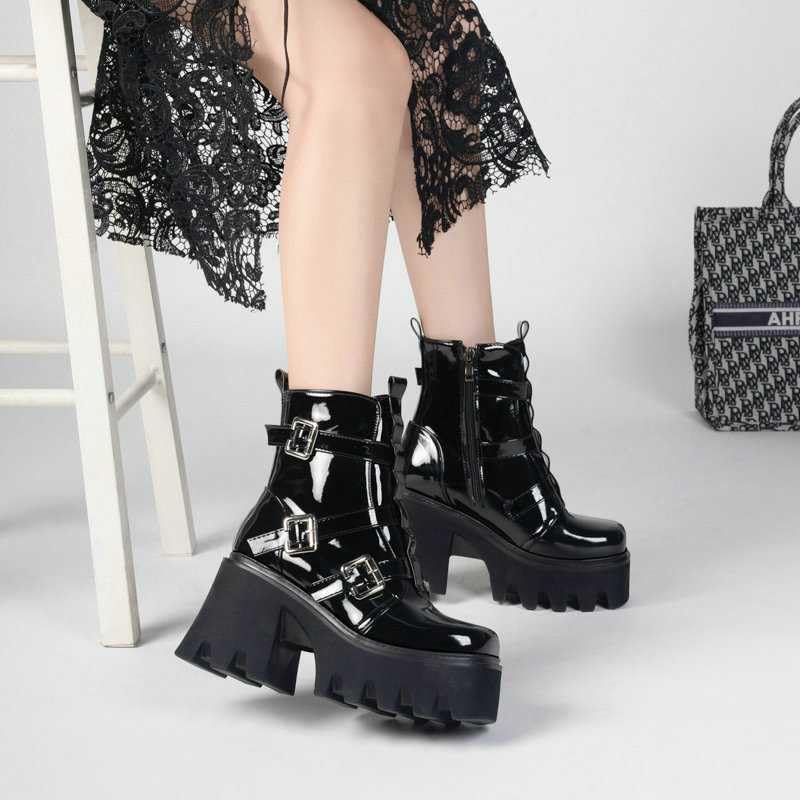 Gothic Women's Platform Ankle Boots - Chunky High Heel Lace Up Combat Boots with Side Zipper | Punk Motorcycle Boots for Casual Wear, Night Out & Street Fashion