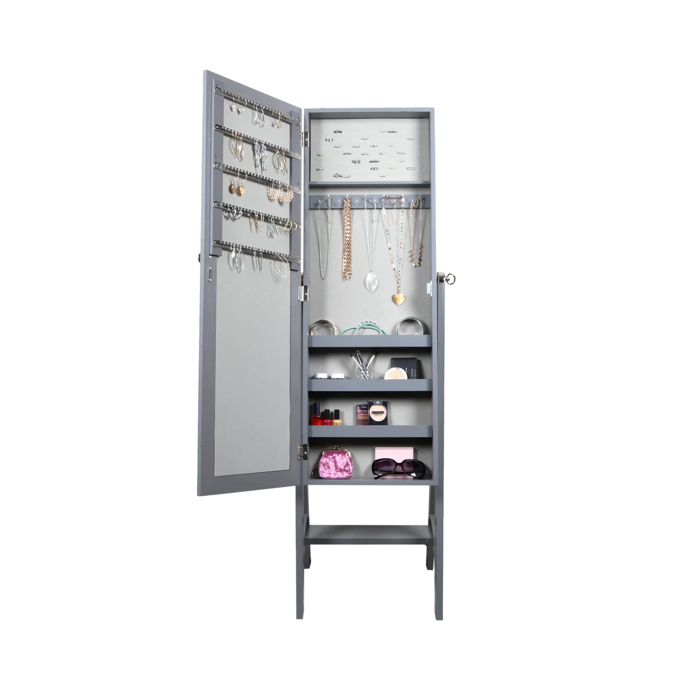 Prinz Full-Length Mirror Jewelry Cabinet - Wall Mounted or Floor Standing Jewelry Organizer Armoire with 3 Shelves & Hooks for Bedroom (Gray, 14' x 55' x 14') - Perfect for Necklace Storage, Bracelet Display & Closet Organization