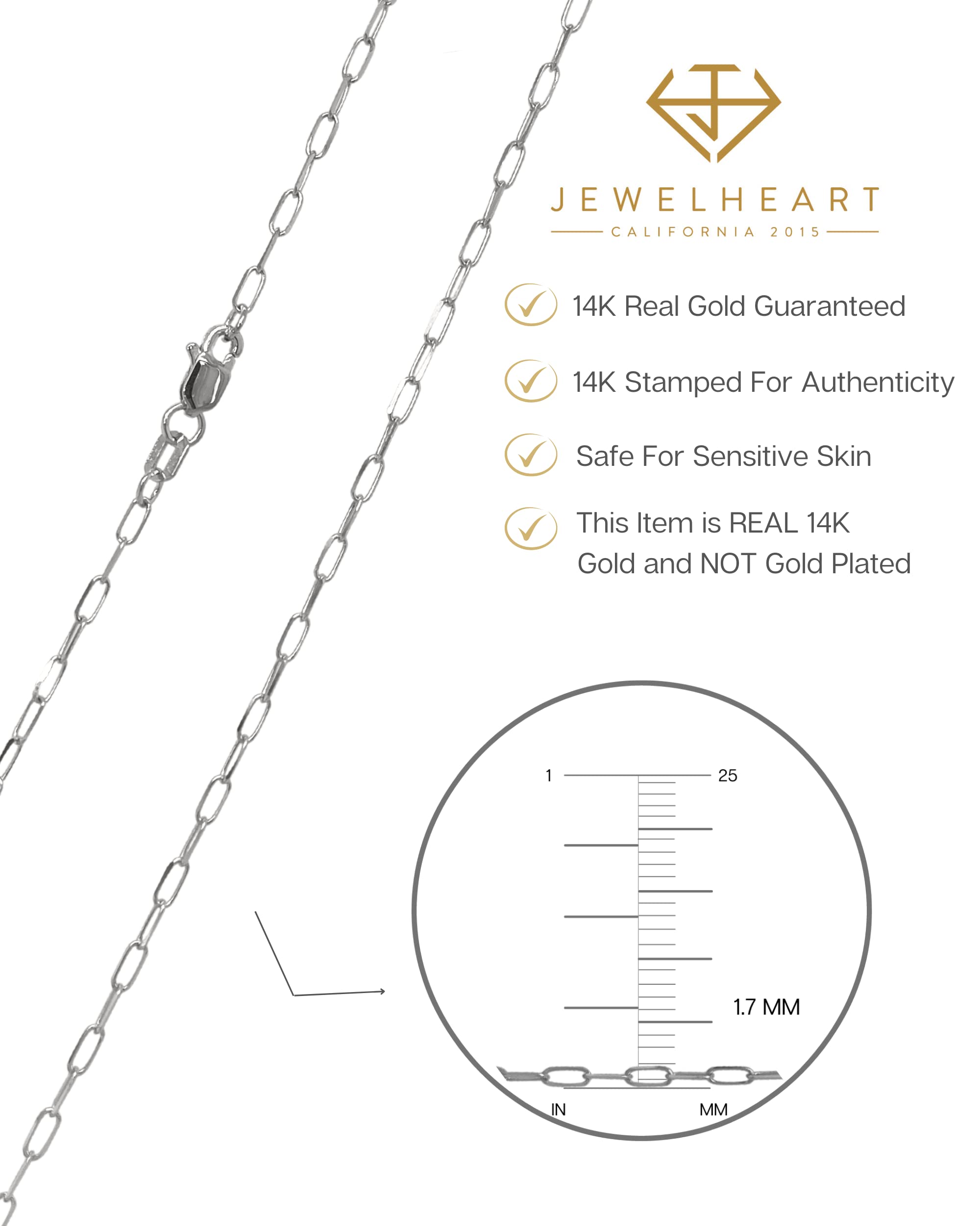 14K Solid Gold Cable Chain Necklace for Women - 1.7mm Diamond Cut Thin Paperclip Link Chain in Yellow & White Gold - Dainty Pendant Necklace with Lobster Clasp (14