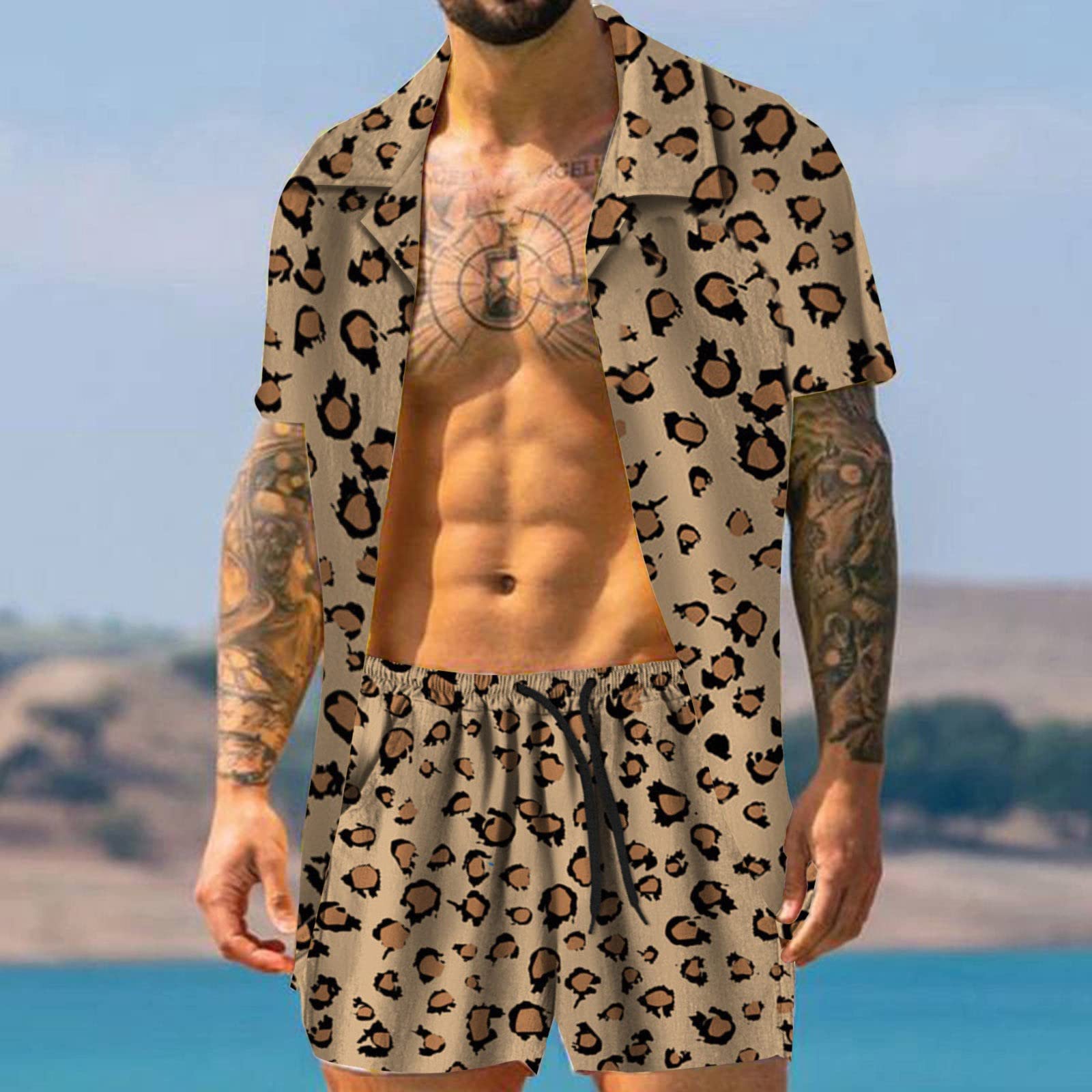 Stylish Leopard Print Short Sleeve Jumpsuit - Beach Vacation Outfit for Men & Women | Summer Casual Linen Shorts Set | Perfect for Seaside Getaways, Pool Parties & Tropical Vacations