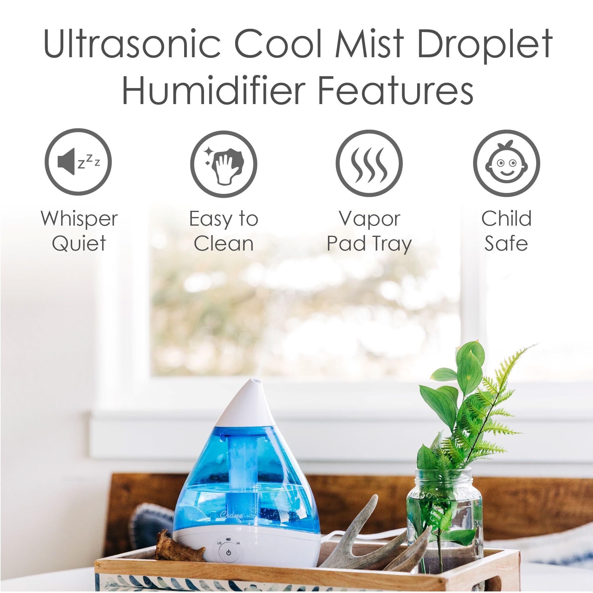 Crane Droplet Ultrasonic Cool Mist Humidifier - 0.5 Gallon Quiet Air Humidifier for Bedroom, Office & Nursery - Blue & White Design - Perfect for Dry Air Relief, Better Sleep & Allergy Relief