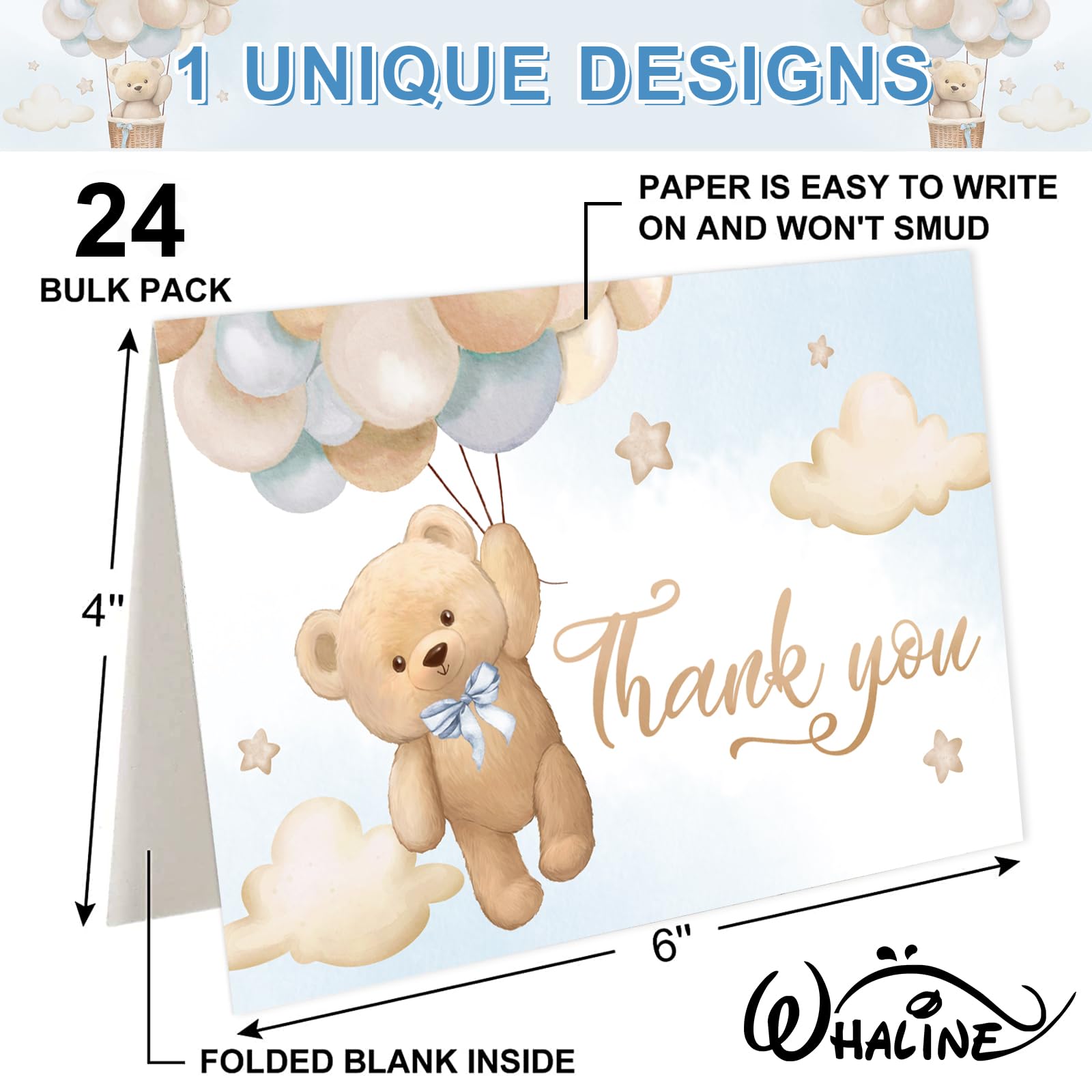 Whaline 24Pcs Watercolor Bear Thank You Cards with Envelopes & Stickers - 4x6 Inch Blank Note Cards for Birthday, Wedding, Baby Shower - Perfect for Party Invitations, Gifts & Greetings