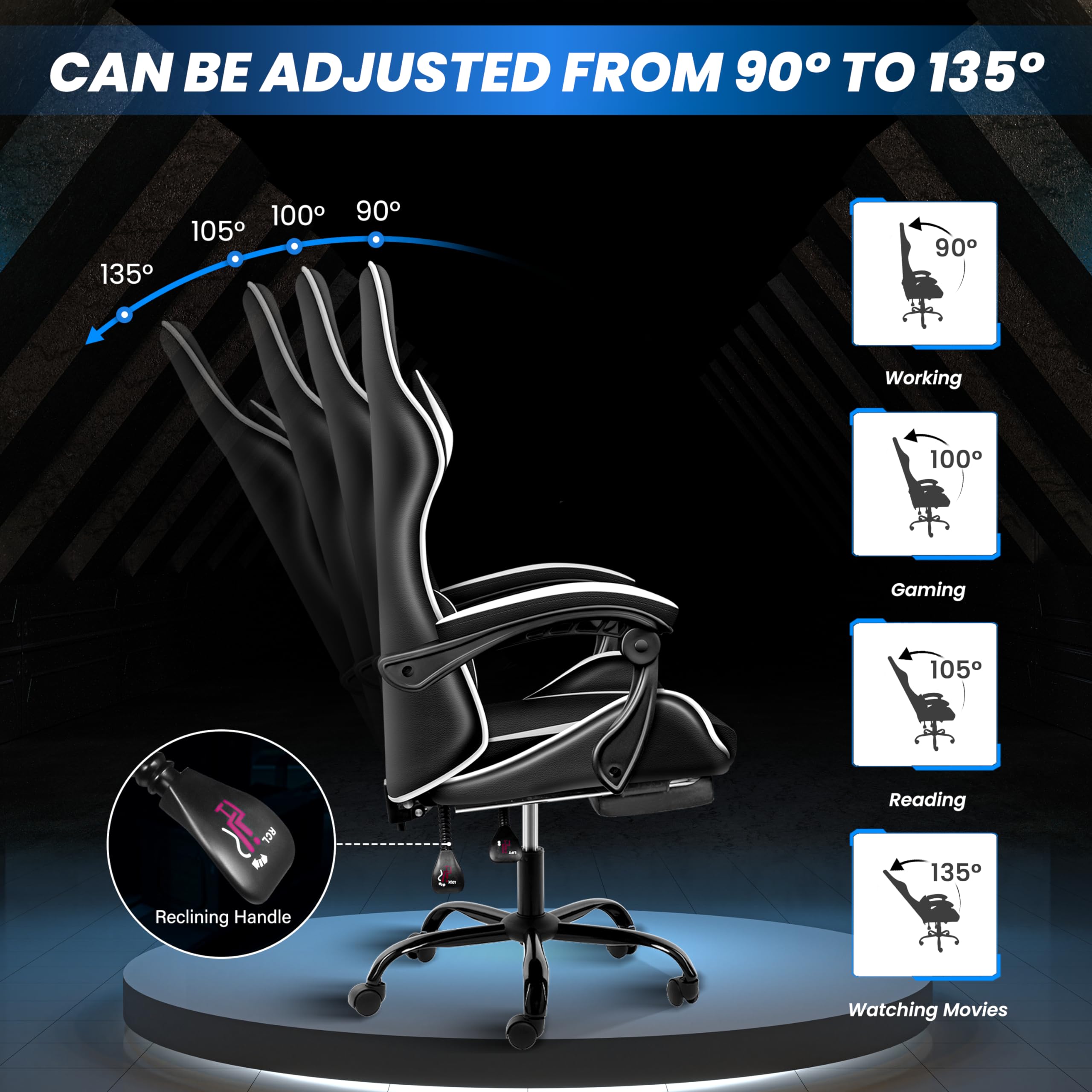 **YSSOA Ergonomic Gaming Chair with Adjustable Footrest, Height & 90°-135° Recline - Racing Style Computer Chair for Office & Home, Lumbar Support, Swivel Base (Black/White) - Perfect for Long Gaming Sessions & Work from Home**
