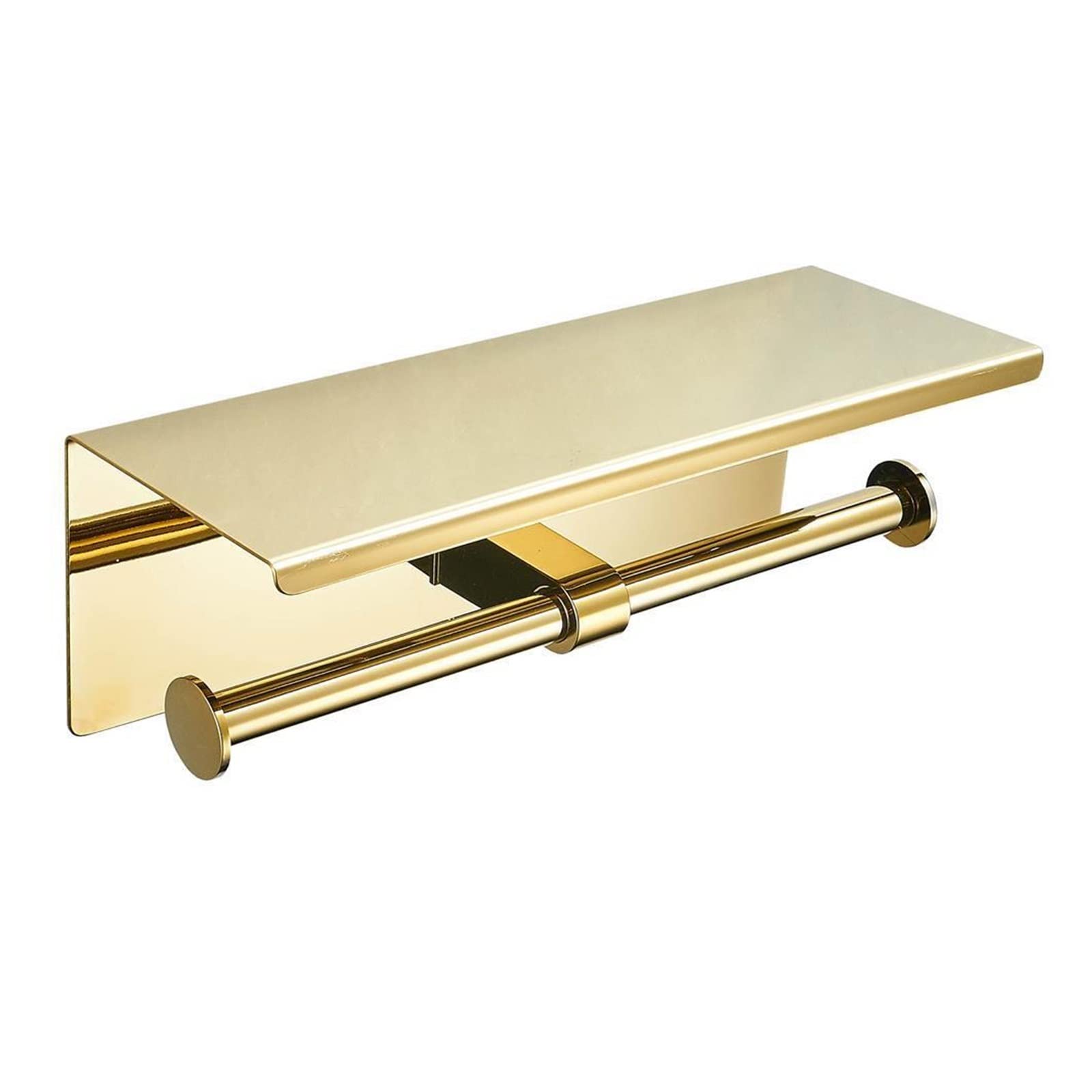 Stainless Steel Gold Double Roll Toilet Paper Holder with Phone Shelf - Wall Mounted Bathroom Tissue Dispenser for Modern Homes (Perfect for Small Bathrooms & Powder Rooms) - Color A01
