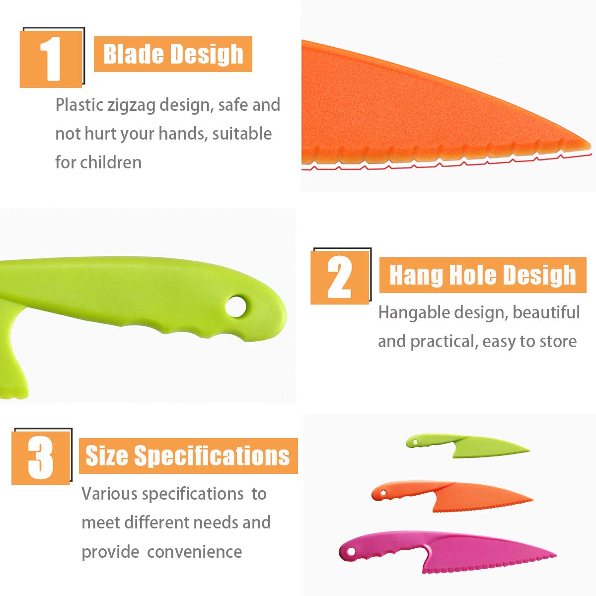 3-Piece Kids Safe Nylon Kitchen Knife Set - Toddler Plastic Cooking Knives for Cutting Fruits, Vegetables, Bread & Salad | Perfect for Little Chefs, Montessori Learning & Family Cooking Activities