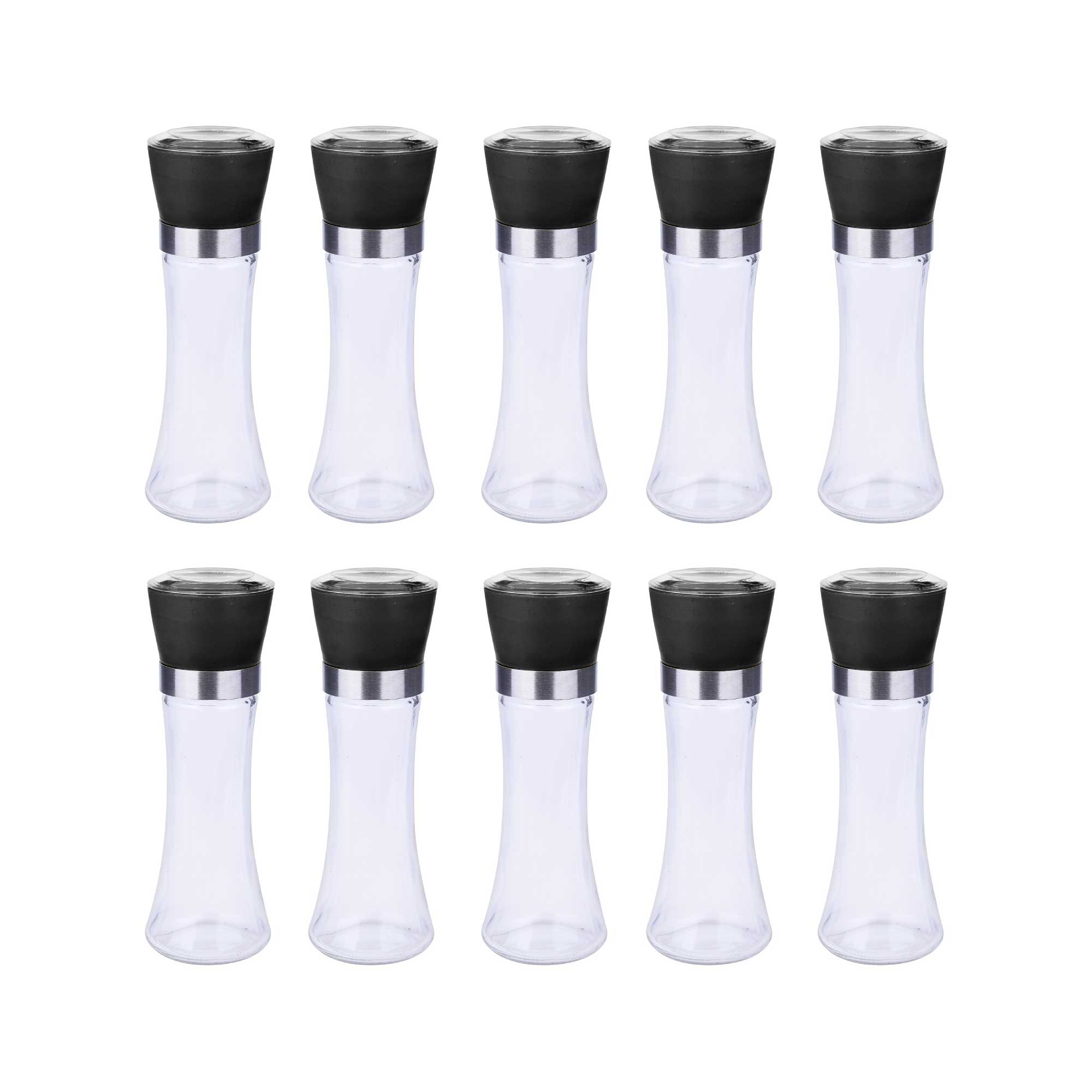 Premium 10-Pack 180ml Glass Salt and Pepper Grinder Set - 18cm Tall Adjustable Ceramic Core Spice Mill for Kitchen, Dining Table & Restaurant Use