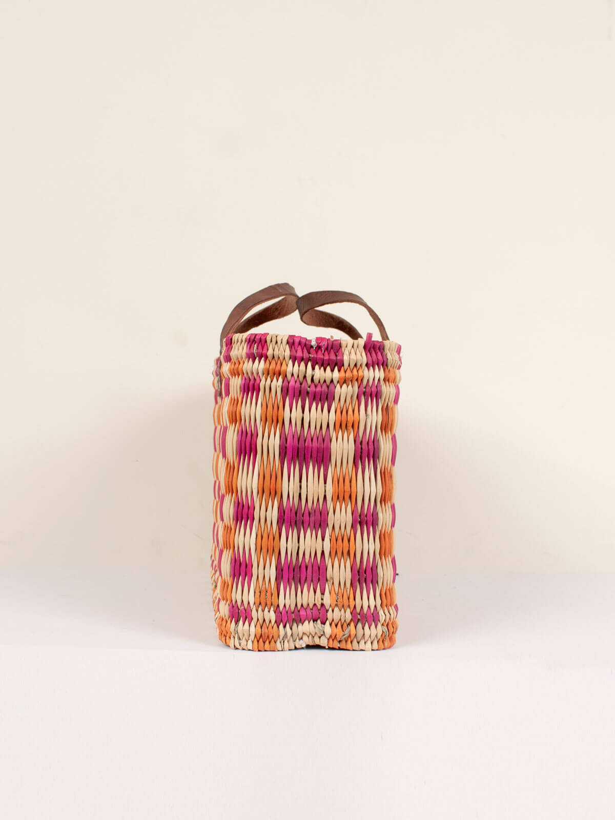 Stylish Pink and Orange Chequered Reed Basket - Perfect for Home Decor, Picnics, and Storage | Handwoven Natural Fiber Organizer for Living Room, Bedroom, or Outdoor Use