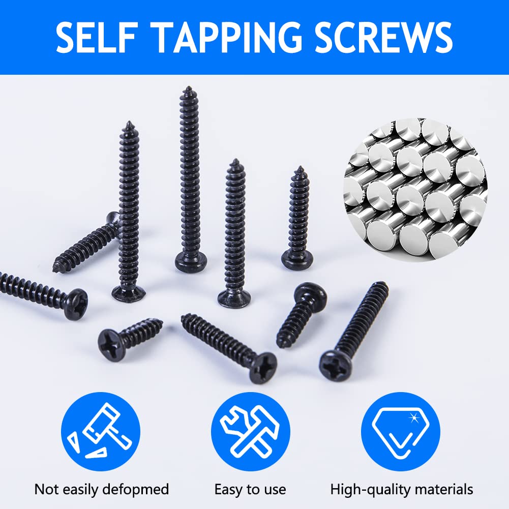 420 Pcs Self Tapping Screws Assortment Kit - Black Zinc-Plated Carbon Steel PA Pan Head & KA Flat Head Phillips Screws for Wood, Metal and DIY Projects - Perfect for Furniture Assembly, Home Repair and Construction Work
