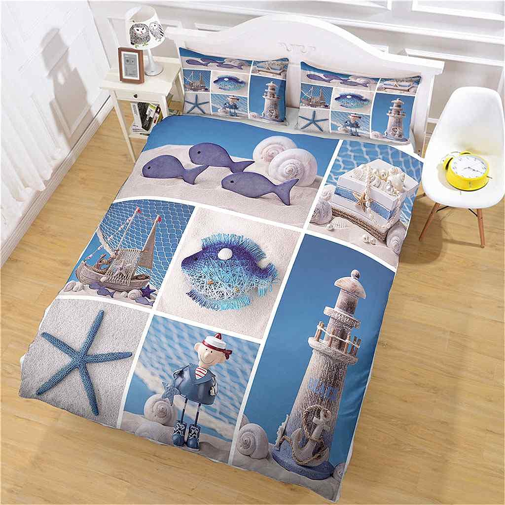 Modern Blue Beach Lighthouse Duvet Cover Set Queen 90x90 Inches - Soft Microfiber Comforter Cover with Zipper Closure & Corner Ties + 2 Pillow Shams - Coastal Bedroom Decor for Guest Rooms & Vacation Homes
