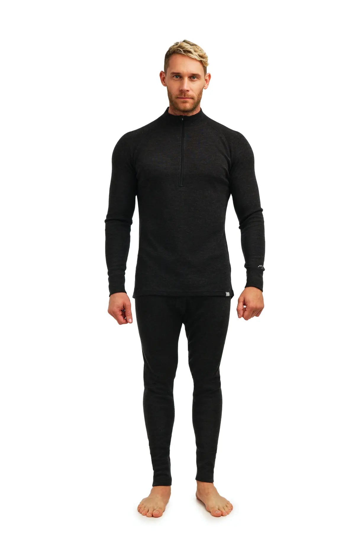 Men's Merino Wool Thermal Underwear Set with Zip - 320 GSM Charcoal Grey for Winter Hiking & Outdoor Activities