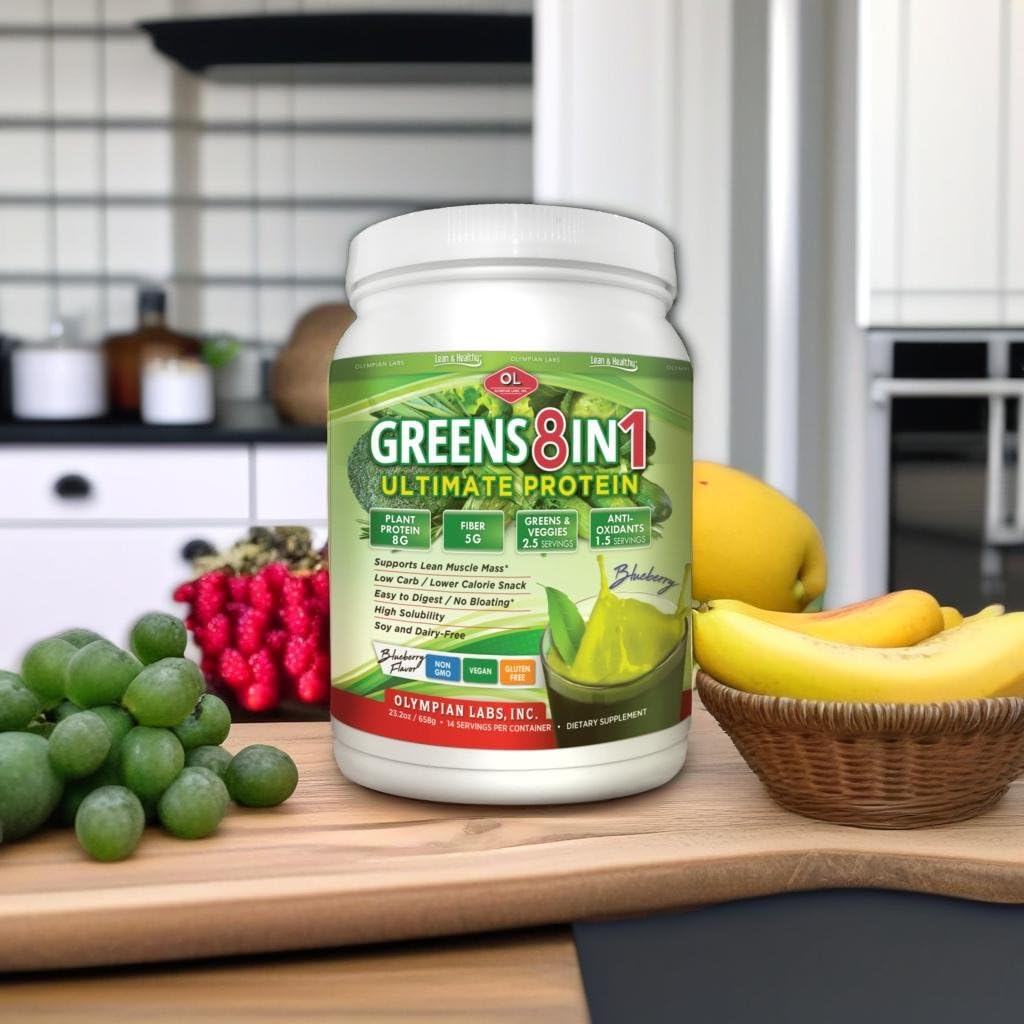 Olympian Labs Ultimate Greens Protein 8-in-1 Superfood Powder - Plant-Based Protein with Greens, Veggies, Fiber, Probiotics, Antioxidants & Digestive Enzymes - Perfect for Smoothies, Meal Replacement & Post-Workout Recovery