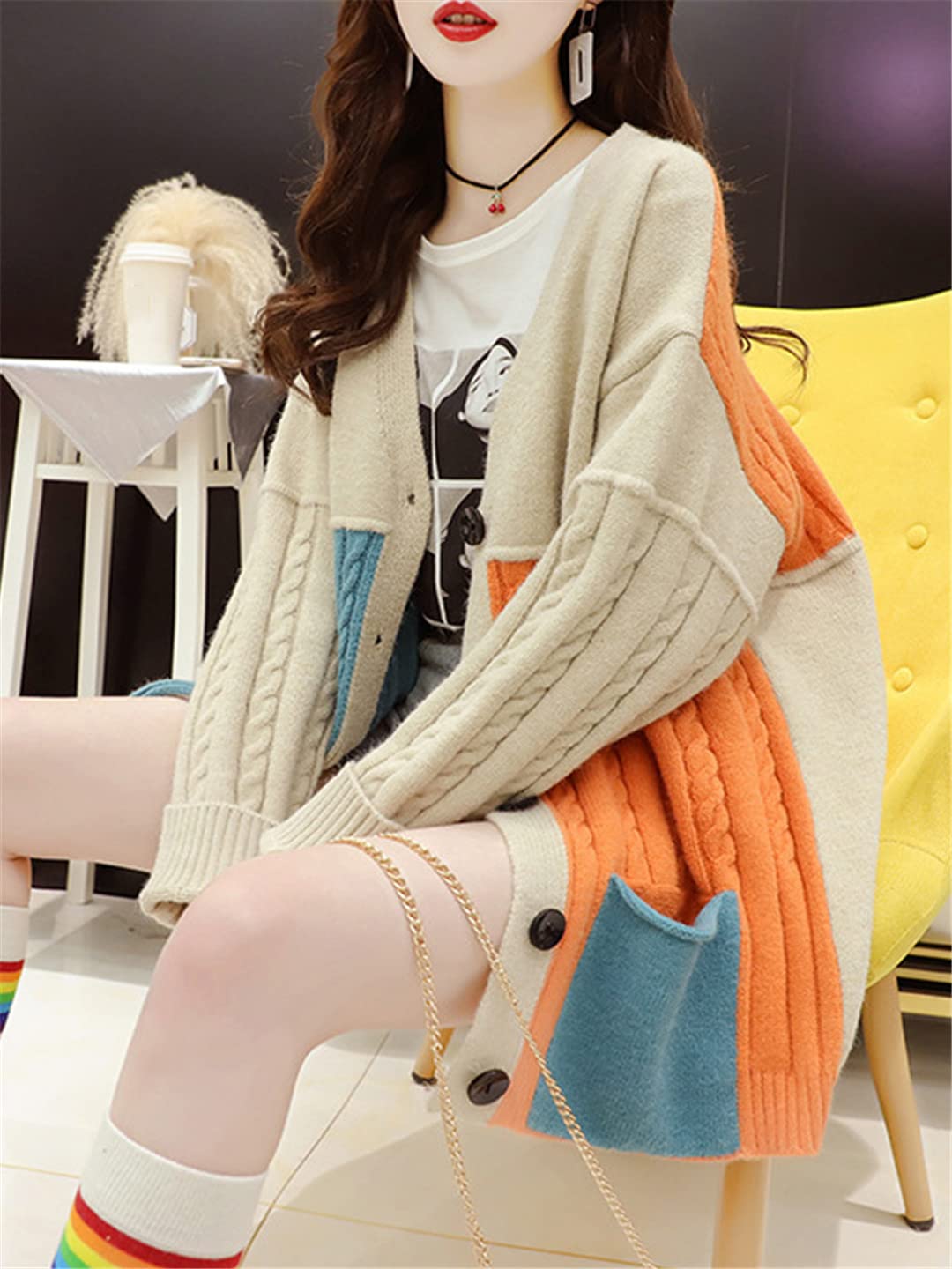 Women's Contrast Knit Cardigan with Pockets - Korean Style Loose Long Sleeve Sweater Jacket for Fall Winter | Cozy Outerwear Coat for Casual Wear, Office & Date Nights