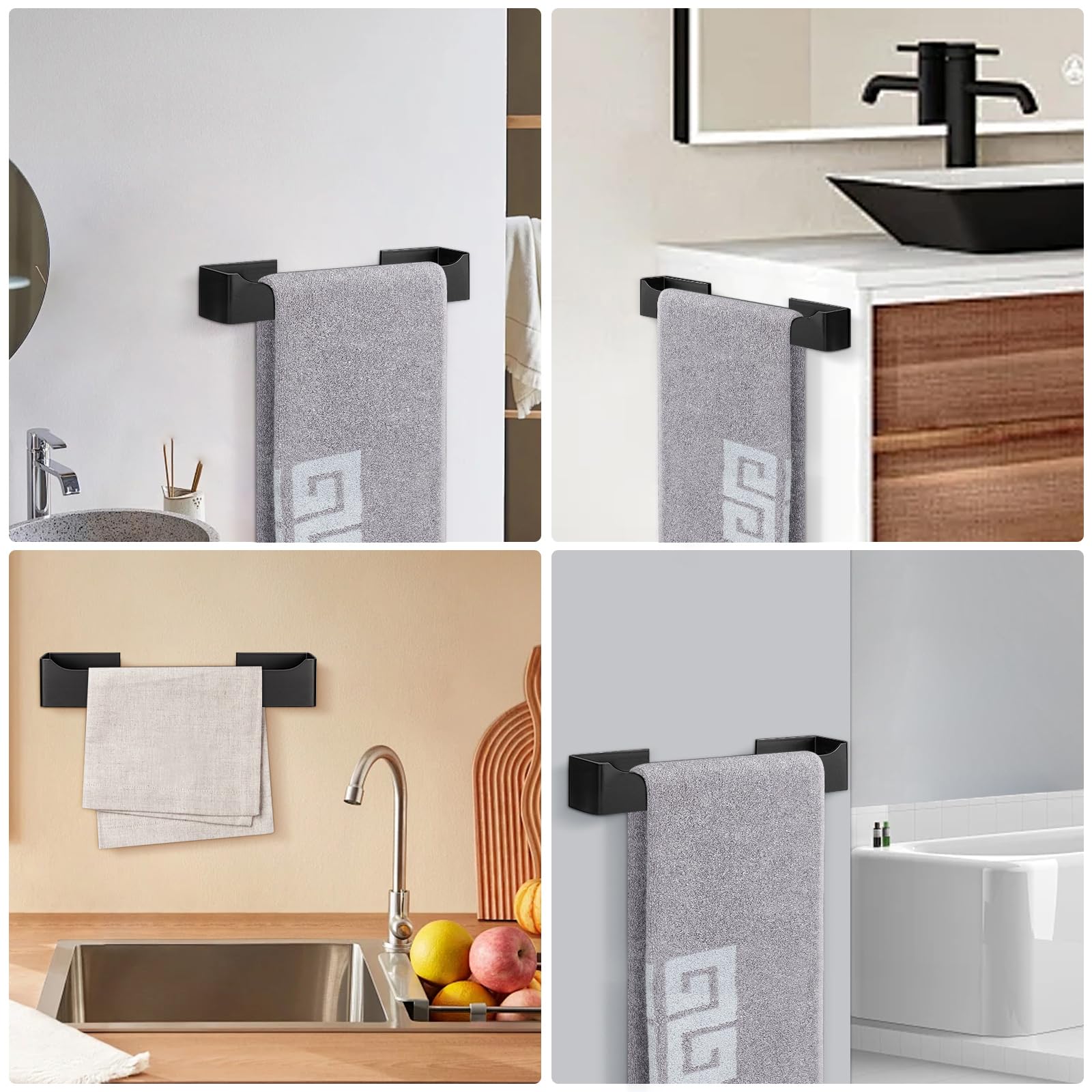 NearMoon Self-Adhesive Stainless Steel Hand Towel Holder - 12 Inch Matte Black Wall Mounted Towel Ring for Bathroom & Kitchen - Rustproof, No Drill Installation - Perfect for Small Spaces & Rental Homes