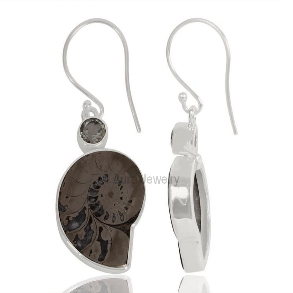 925 Sterling Silver Dangle Earrings for Women - Hypoallergenic Ammonite Fossil & Green Amethyst Bezel Set Earrings, Minimalist Irregular Gemstone Jewelry - Perfect Christmas Gift for Her, Office Wear & Special Occasions