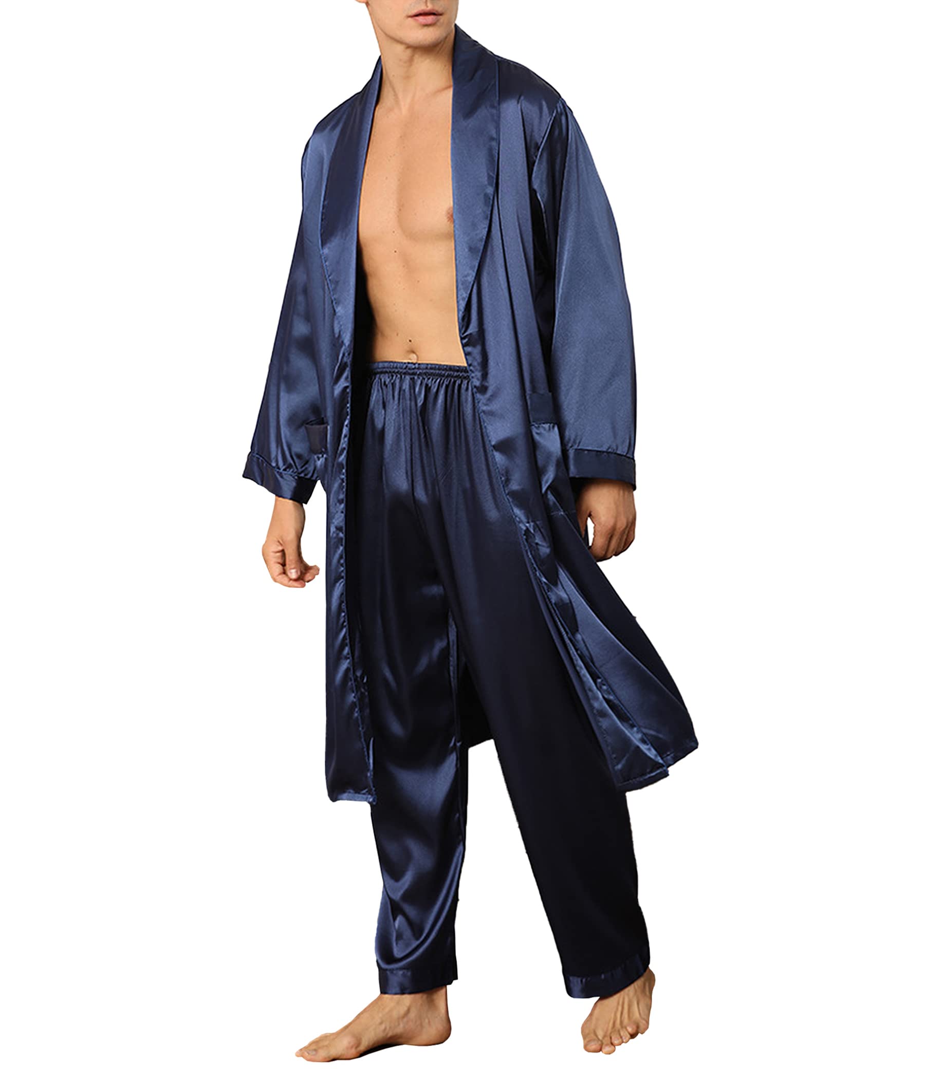 2PCS Men's Silk Satin Bathrobe & Pants Set - Long Sleeve V-Neck Kimono Sleepwear for Spa, Lounge & Home Relaxation